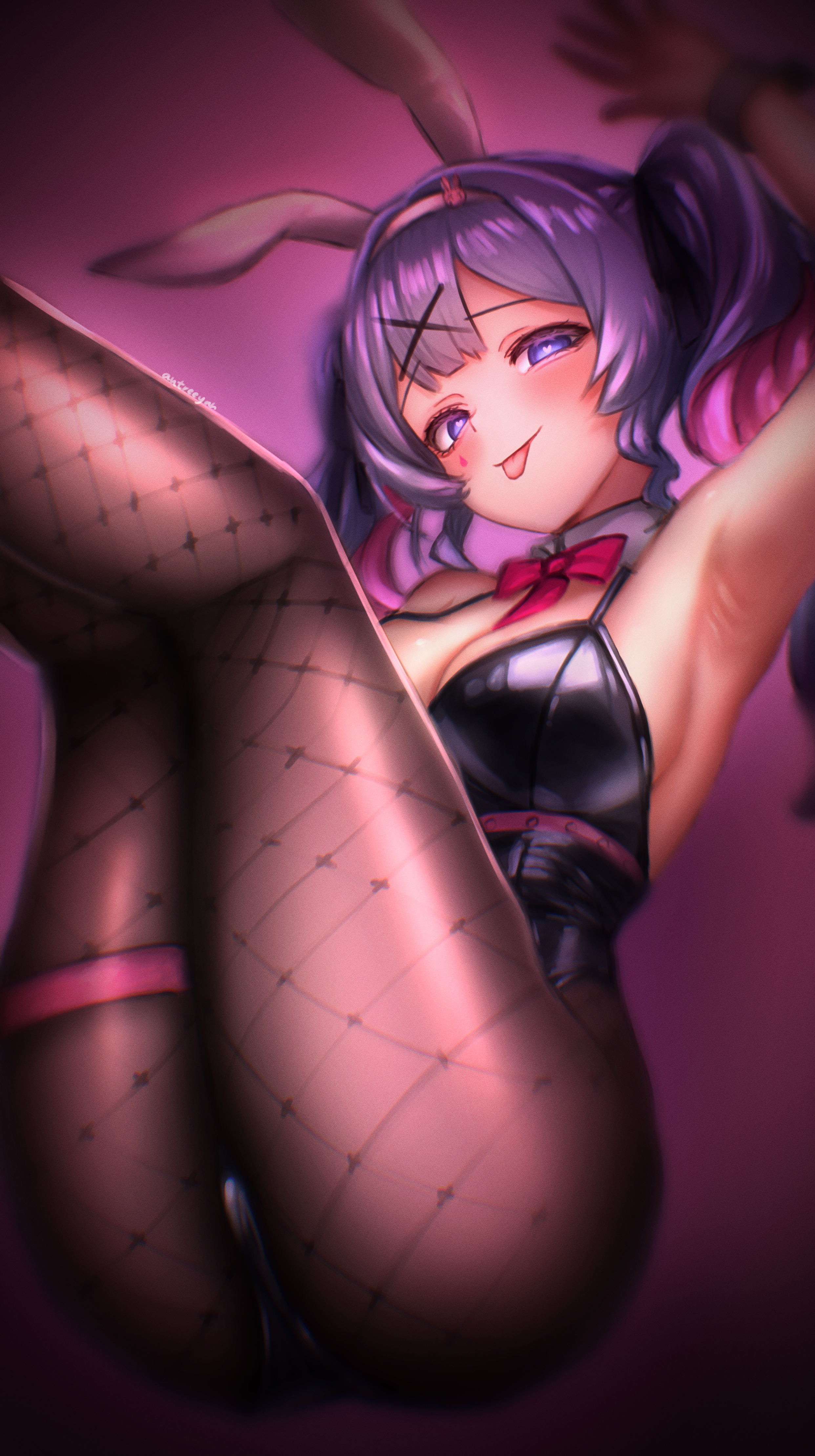 autreeyah, hatsune miku, rabbit hole (vocaloid), vocaloid, absurdres, highres, 1girl, :p, animal ears, arm up, armpits, ass, bare shoulders, black leotard, blue eyes, blue hair, blush, breasts, cleavage, detached collar, fishnet pantyhose, fishnets, from below, hair between eyes, hair ornament, hairband, hairclip, heart, heart-shaped pupils, highleg, highleg leotard, legs together, legs up, leotard, looking at viewer, looking down, medium breasts, multicolored hair, naughty face, pantyhose, pink hair, rabbit ears, rabbit girl, solo, symbol-shaped pupils, thigh strap, thighs, tongue, tongue out, twintails, two-tone hair, white hairband, x hair ornament