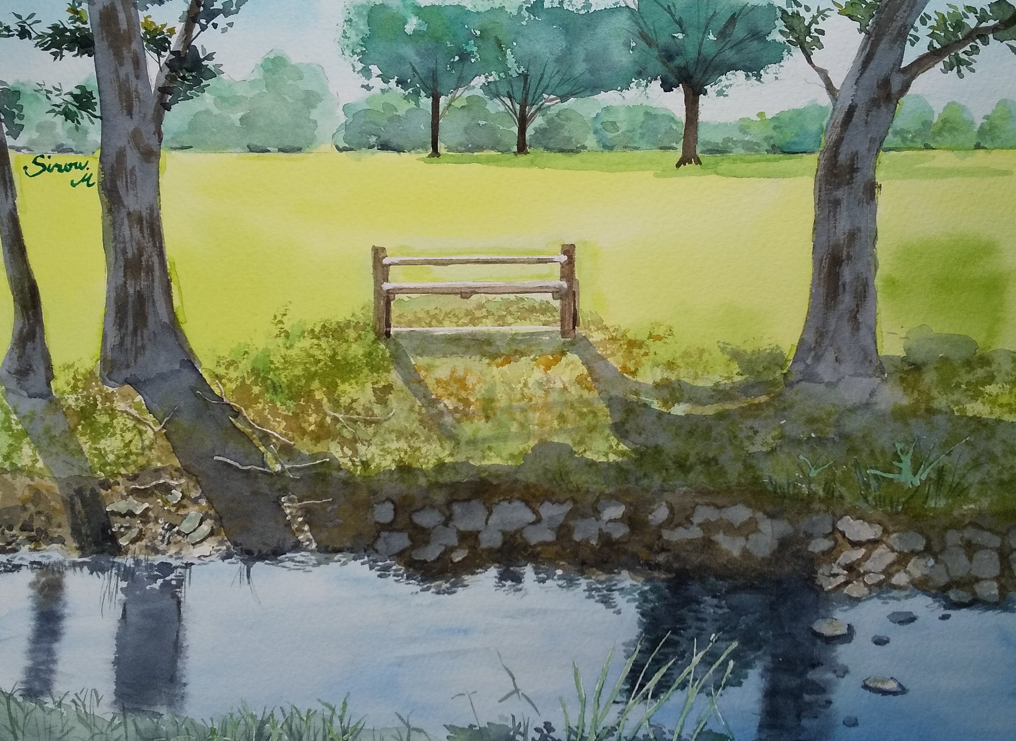 monsisiro411823, original, highres, painting (medium), traditional media, watercolor (medium), bench, dappled sunlight, no humans, outdoors, park, park bench, pebble, reflection, reflective water, scenery, stream, sunlight, tree, wooden bench