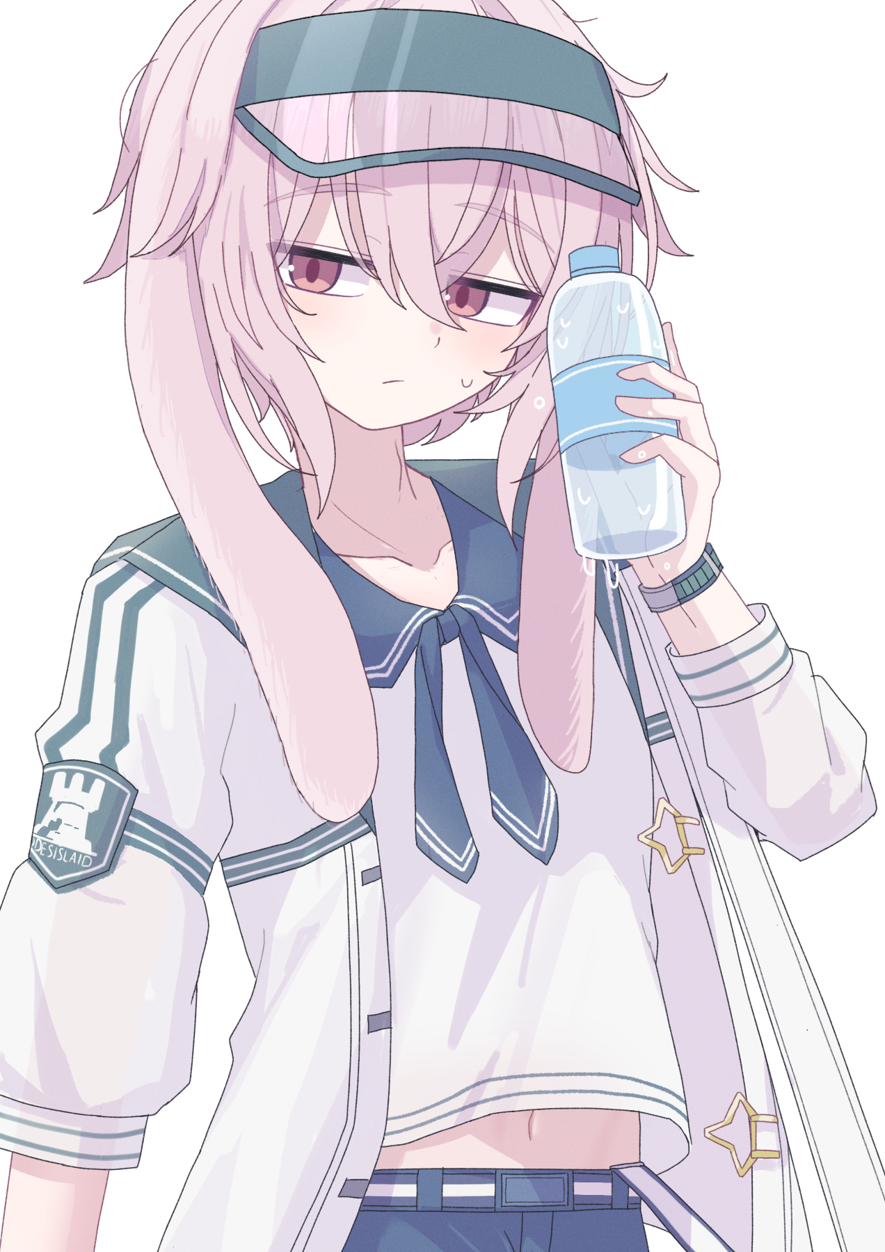 tkugane, ansel (arknights), ansel (casual vacation) (arknights), arknights, commentary, highres, 1boy, animal ears, bottle, holding, male focus, pink hair, rabbit boy, rabbit ears, simple background, solo, visor cap, white background
