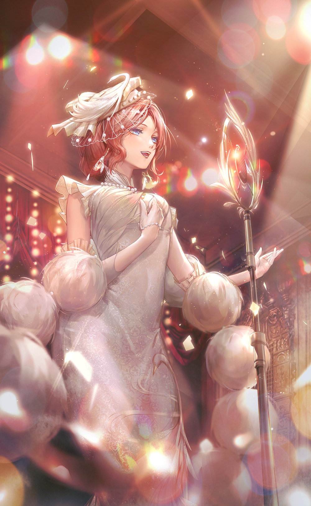 nikki (series), shining nikki, artist request, game cg, highres, official art, 1girl, animal print, aphrodia (shining nikki), beads, bird, bird print, blue eyes, breasts, china dress, chinese clothes, collared dress, confetti, curtains, dress, earrings, feather earrings, feathers, feet out of frame, fishnet veil, frilled dress, frills, from below, fur shawl, glint, gloves, half gloves, hand on own chest, happy, hat, hat feather, indoors, jewelry, lens flare, light particles, light rays, lipstick, long dress, looking ahead, makeup, mandarin collar, medium breasts, music, official alternate color, open mouth, outstretched hand, red hair, red lips, reedpipe song (shining nikki), shawl, short hair, singing, sleeveless, sleeveless dress, smile, solo, staff, stage, stage lights, swan, teeth, tight clothes, tight dress, veil, white dress, white gloves, white hat, white shawl, white veil