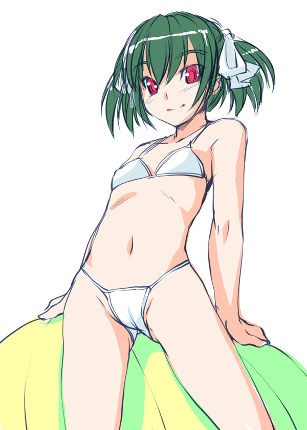 bosshi, yu (bosshi), original, 1girl, bikini, cameltoe, female focus, flat chest, green hair, red eyes, short twintails, simple background, smile, solo, swimsuit, twintails, white background, white bikini