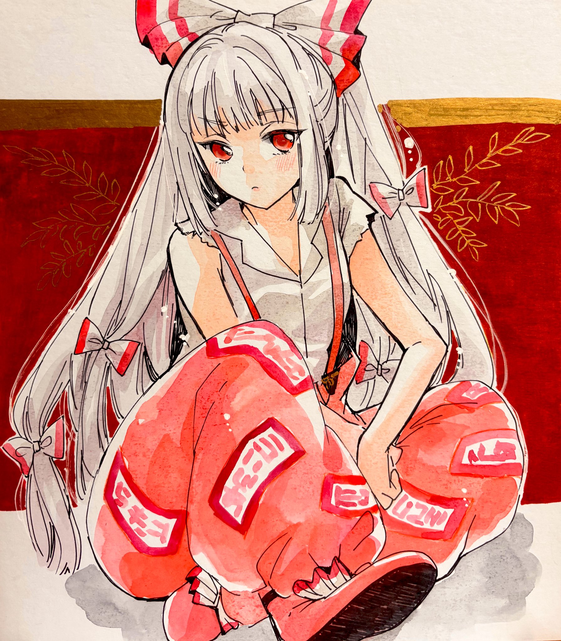 akaioringo2023, fujiwara no mokou, touhou, highres, 1girl, bow, collared shirt, hair bow, hair ribbon, long hair, multiple hair bows, pants, red eyes, red pants, ribbon, shirt, sitting, sleeveless, solo, very long hair, white hair, white ribbon, white shirt