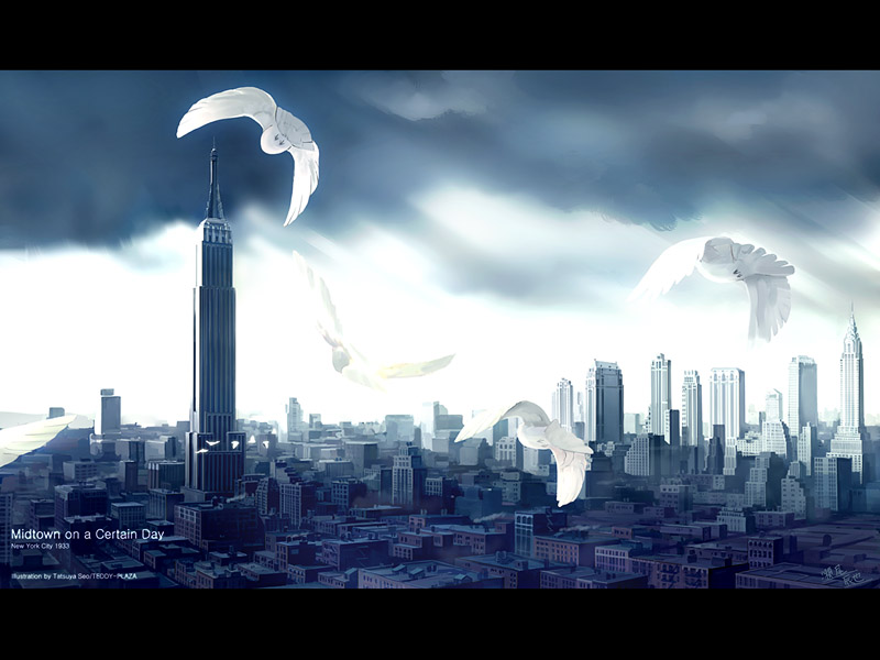 seo tatsuya, original, artist name, bird, circle name, cityscape, dove, english text, letterboxed, new york city, no humans, scenery, sky