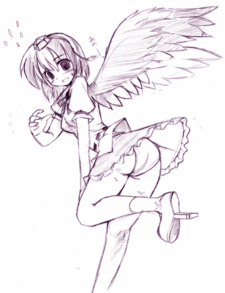 seo tatsuya, shameimaru aya, touhou, 1girl, ass, female focus, geta, hat, looking at viewer, monochrome, panties, solo, tengu-geta, tokin hat, underwear