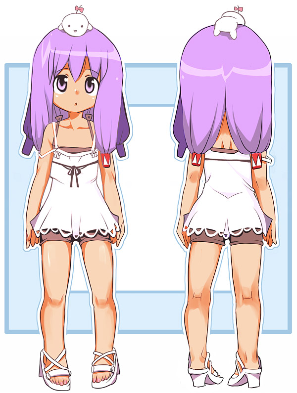 sasago kaze, tiki (pangya), pangya, light purple hair, 1girl, :o, bad anatomy, bad feet, camisole, collarbone, full body, high heels, kneepits, long hair, looking up, multiple views, object on head, poorly drawn, purple eyes, purple hair, shoes, shorts, standing, tongue, tongue out, turnaround