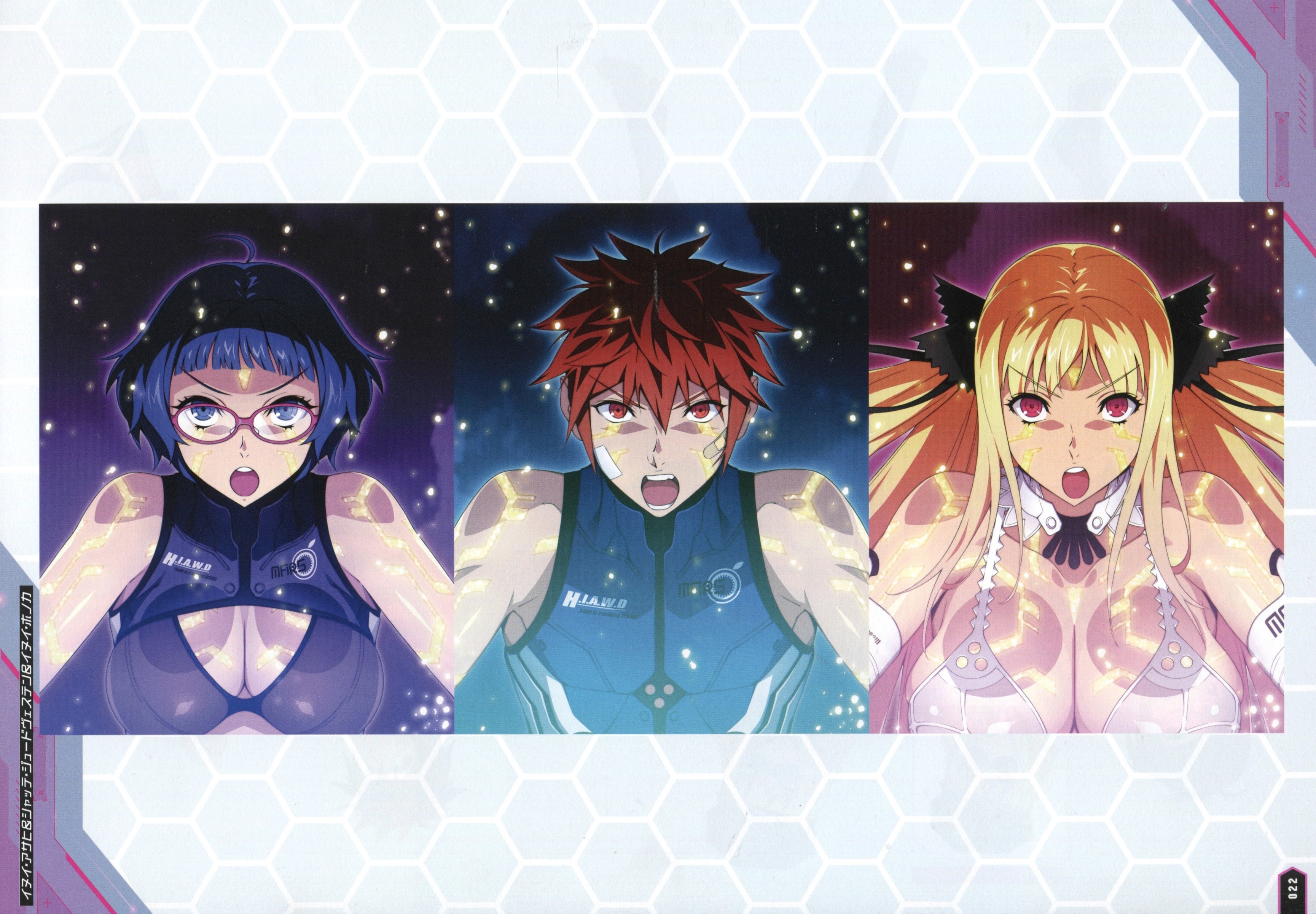 watanabe wataru (character designer), inui asahi, inui honoka, shatte judevesten, super robot wars, super robot wars x-omega, absurdres, artbook, highres, non-web source, official art, scan, 1boy, 2girls, :o, blue hair, bodysuit, breasts, cleavage, elbow gloves, floating hair, glasses, gloves, hair ribbon, large breasts, lips, long hair, looking at viewer, multiple girls, open mouth, pink eyes, revealing clothes, ribbon, see-through clothes, serious, shiny skin, short hair, two-tone bodysuit, upper body, very long hair