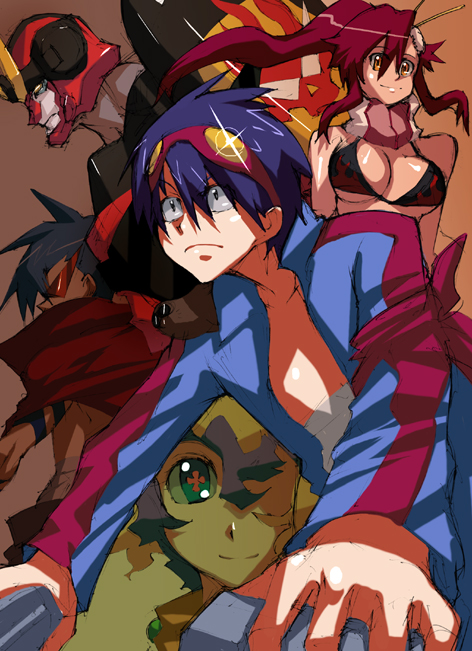 ippo, gurren-lagann, kamina (ttgl), nia teppelin, simon (ttgl), yoko littner, tengen toppa gurren lagann, 00s, 2boys, 2girls, bikini, bikini top only, blue hair, breasts, brown eyes, cleavage, collarbone, colored skin, drill, glint, goggles, goggles on head, green eyes, green skin, hair ornament, hair stick, large breasts, long hair, looking at viewer, mecha, multiple boys, multiple girls, ponytail, robot, scarf, skull hair ornament, swimsuit, underboob, very long hair, wide-eyed