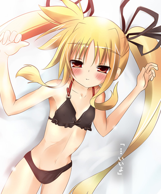 yamaguchi shinnosuke, fate testarossa, lyrical nanoha, mahou shoujo lyrical nanoha, mahou shoujo lyrical nanoha a's, 00s, armpits, arms up, bikini, black bikini, blonde hair, blush, flat chest, hair ribbon, long hair, lying, midriff, naughty face, red eyes, ribbon, skinny, smile, solo, swimsuit, twintails, very long hair