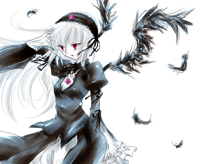 usamisan, suigintou, rozen maiden, silver hair, 00s, 1girl, :o, black dress, black wings, dress, feathers, female focus, flower, frilled sleeves, frills, hairband, juliet sleeves, lolita hairband, long hair, long sleeves, open mouth, petals, pink eyes, puffy long sleeves, puffy sleeves, rose, rose petals, simple background, sitting, solo, very long hair, white background, wings