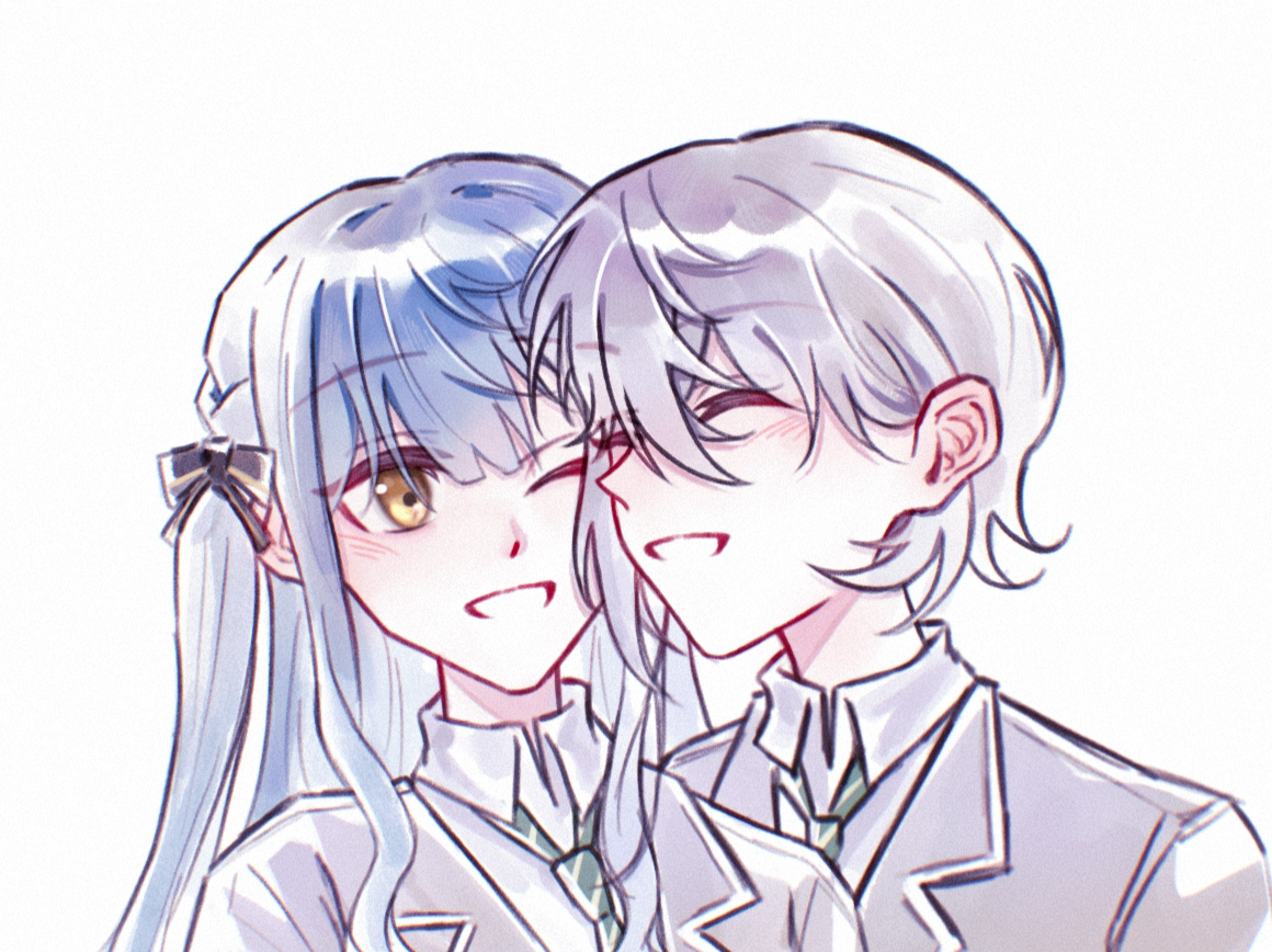 yanhuizuimo, takamatsu tomori, togawa sakiko, bang dream!, bang dream! it's mygo!!!!!, chinese commentary, commentary request, 2girls, black ribbon, blue hair, cheek-to-cheek, closed eyes, diagonal-striped clothes, diagonal-striped necktie, grey hair, grey jacket, hair between eyes, hair ribbon, haneoka school uniform, heads together, jacket, long hair, multiple girls, necktie, open mouth, ribbon, school uniform, short hair, sidelocks, simple background, striped clothes, white background, yuri