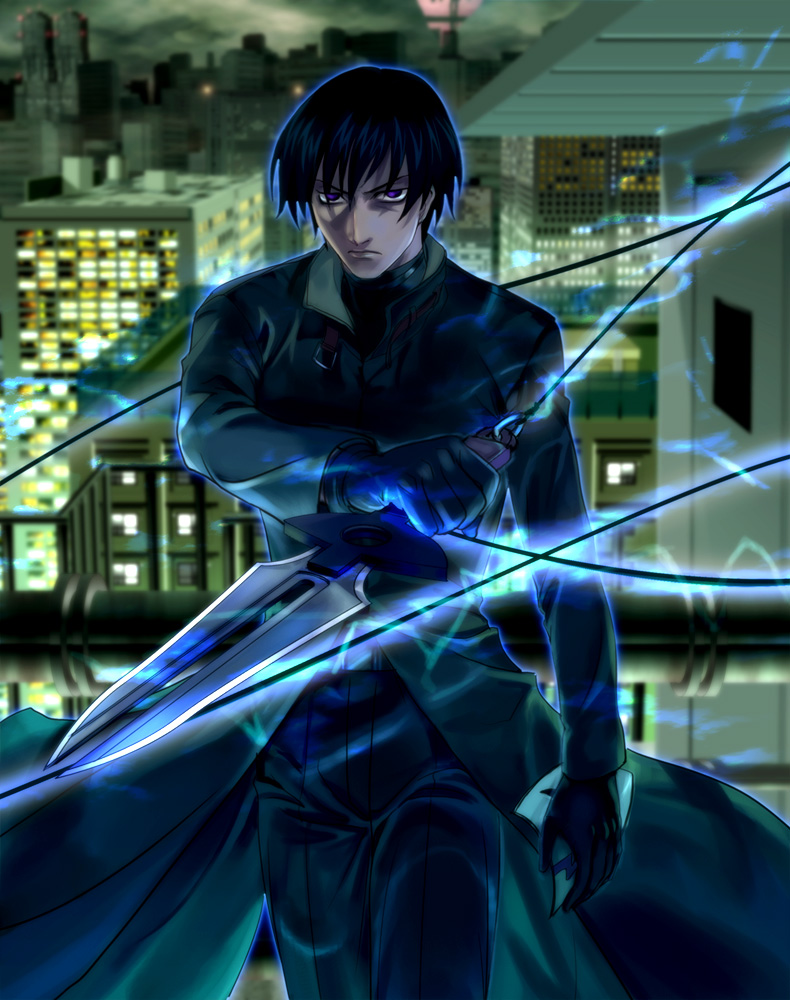 mutsuki (moonknives), hei (darker than black), bones (company), darker than black, 00s, 1boy, black hair, knife, male focus, outdoors, sky, solo, weapon