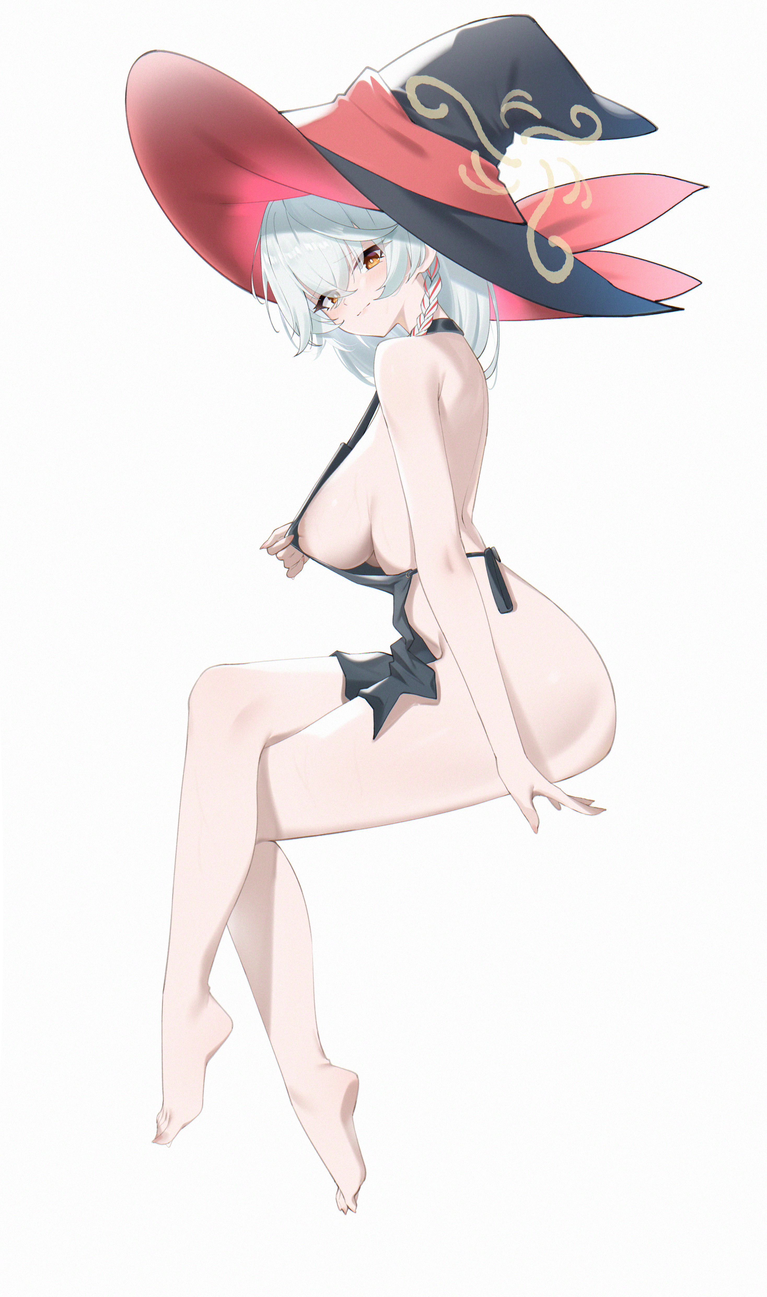 eri (blue archive), blue archive, apron, apron lift, bare arms, bare legs, bow, bowtie, braid, breasts, clothes lift, halo, hat, head tilt, inverted nipples, long hair, looking at viewer, naked apron, orange eyes, sideboob, thighs, white hair, witch hat