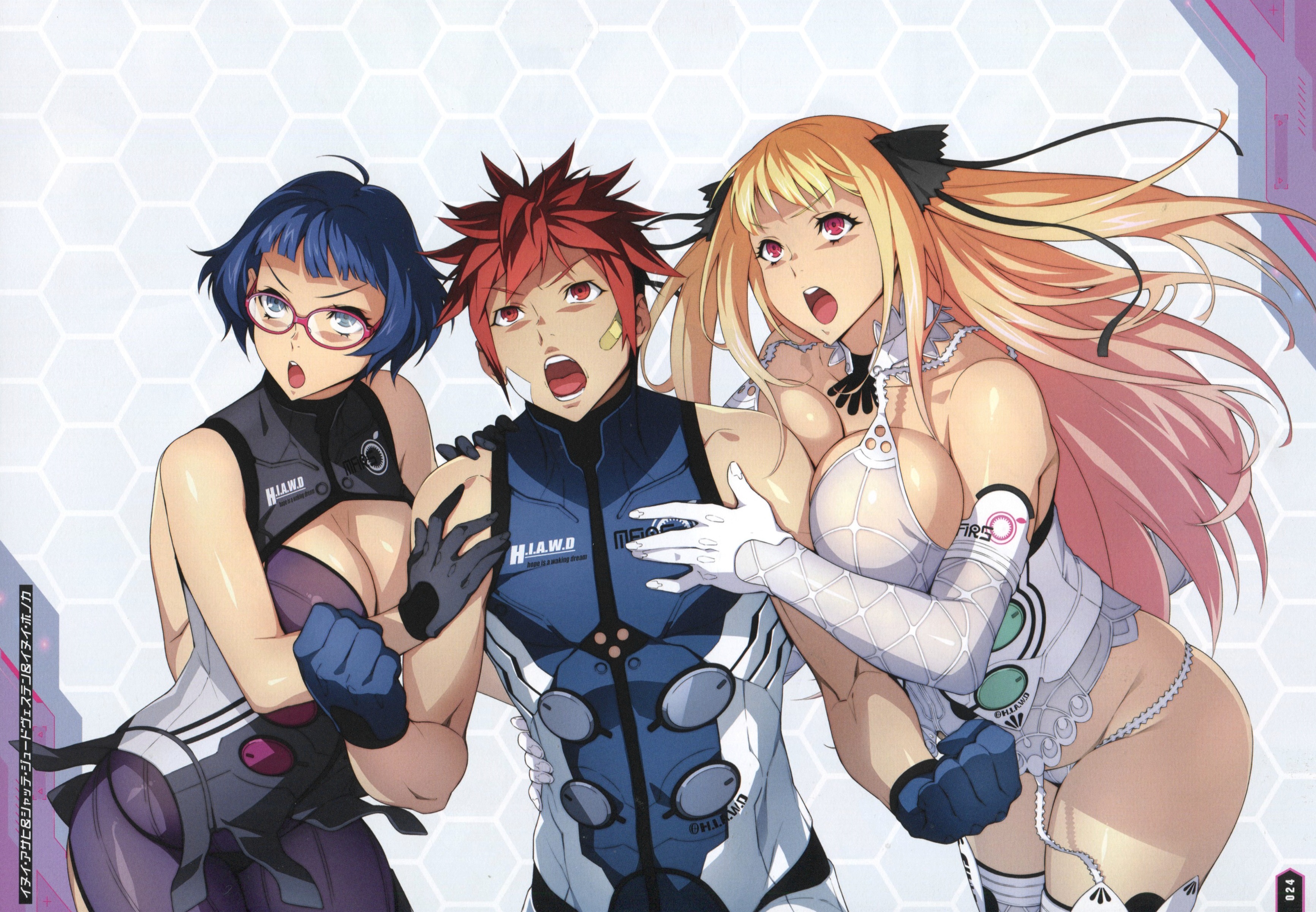watanabe wataru (character designer), inui asahi, inui honoka, shatte judevesten, super robot wars, super robot wars x-omega, absurdres, artbook, highres, non-web source, official art, scan, 1boy, 2girls, :o, ass, blue hair, bodysuit, breast press, breasts, breasts squeezed together, cleavage, elbow gloves, floating hair, garter straps, glasses, gloves, grabbing from behind, hair ribbon, large breasts, lips, long hair, looking ahead, looking up, multiple girls, open mouth, panties, pink eyes, revealing clothes, ribbon, see-through clothes, shiny skin, shoes, short hair, sportswear, thighhighs, thong, two-tone bodysuit, underwear, very long hair, white panties, wide hips