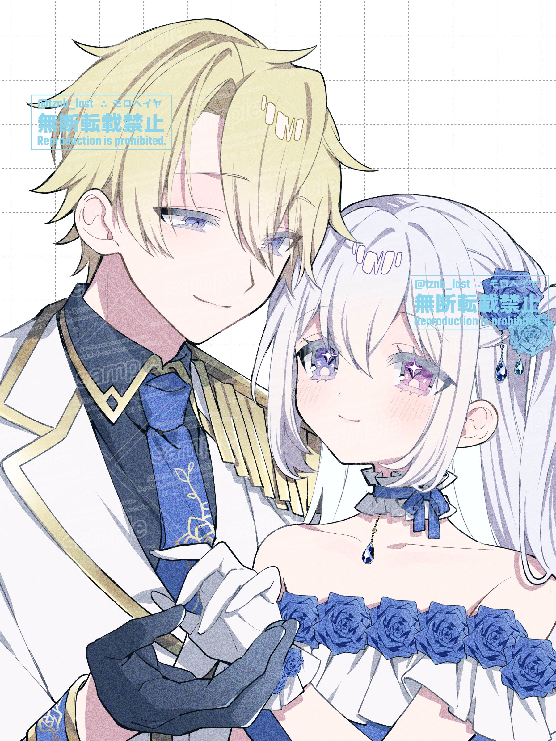 original, absurdres, commission, highres, skeb commission, 1boy, 1girl, bare shoulders, black gloves, black shirt, blonde hair, blue flower, blue necktie, blue rose, closed mouth, collared shirt, dress, epaulettes, flower, frills, gloves, grid background, hair between eyes, hair flower, hair ornament, jacket, lapels, long hair, necktie, off-shoulder dress, off shoulder, purple eyes, rose, sample watermark, shirt, smile, tznb last, virtual youtuber, watermark, white gloves, white hair, white jacket