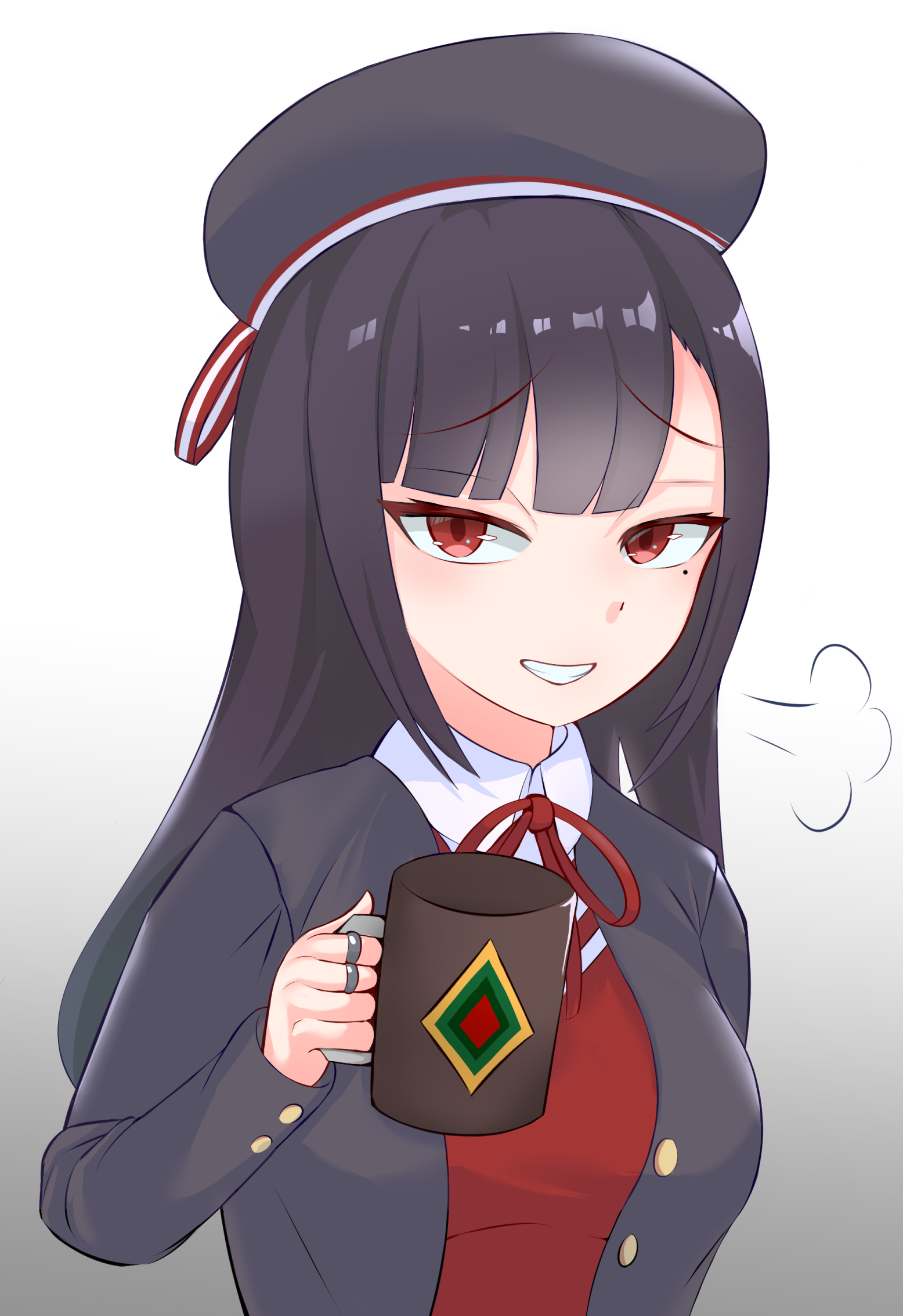 akaruii 31, banmin chan, indie virtual youtuber, highres, 1girl, beret, black hair, black hat, black jacket, blunt bangs, collared shirt, cup, furrowed brow, gradient background, grey background, grin, hand up, hat, holding, holding cup, jacket, jewelry, long hair, long sleeves, looking at viewer, mole, mole under eye, mug, multiple rings, neck ribbon, parted lips, puff of air, pussy juice, red eyes, red ribbon, red vest, ribbon, ring, shirt, simple background, smile, smug, solo, vest, white background, white shirt