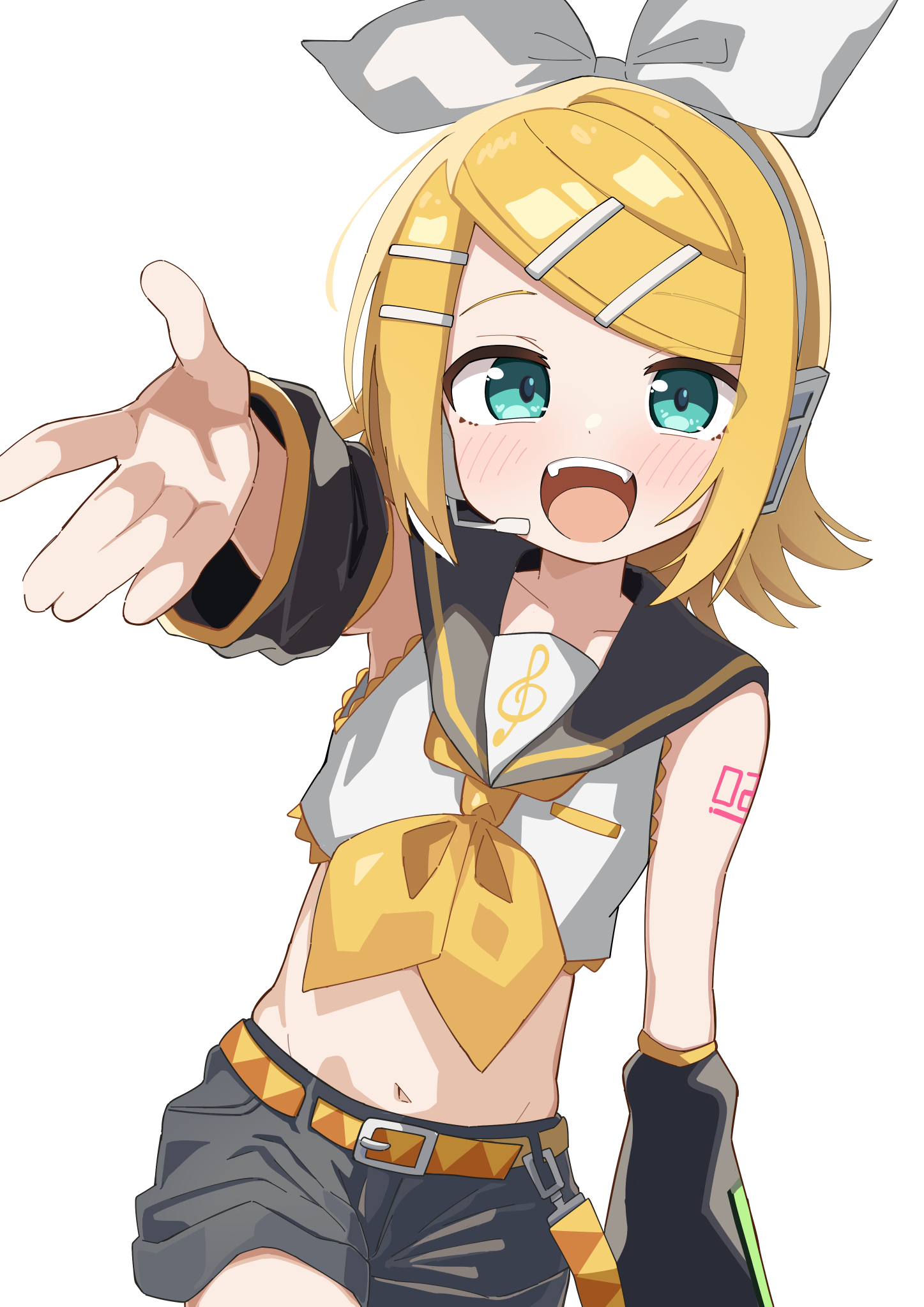 maud0239, kagamine rin, vocaloid, commentary, highres, 1girl, :d, aqua eyes, belt, black sleeves, blonde hair, bow, bow hairband, collarbone, crop top, detached sleeves, grey sailor collar, grey shorts, hair ornament, hairband, hairpin, headphones, headset, navel, neckerchief, number tattoo, open mouth, sailor collar, shirt, short hair, shorts, shoulder tattoo, simple background, smile, swept bangs, tattoo, teeth, white background, white bow, white hairband, white shirt, yellow belt, yellow neckerchief, yellow trim