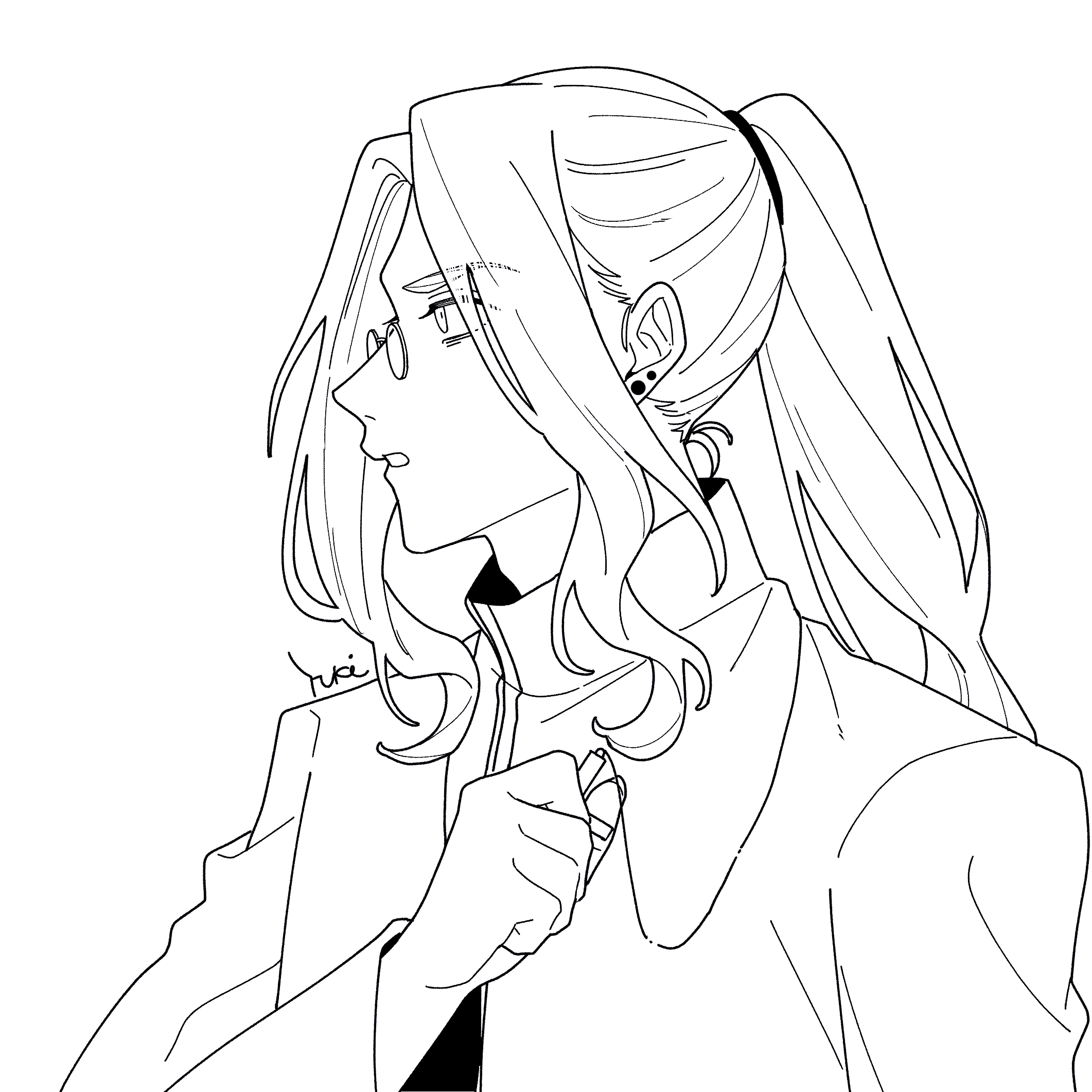 hashikko69, michael roa valdamjong, michael roa valdamjong (human), tsukihime, highres, 1boy, cross, cross necklace, earrings, glasses, holding, holding cross, holding jewelry, holding necklace, jewelry, lineart, long hair, looking to the side, male focus, monochrome, necklace, ponytail, priest, tunic