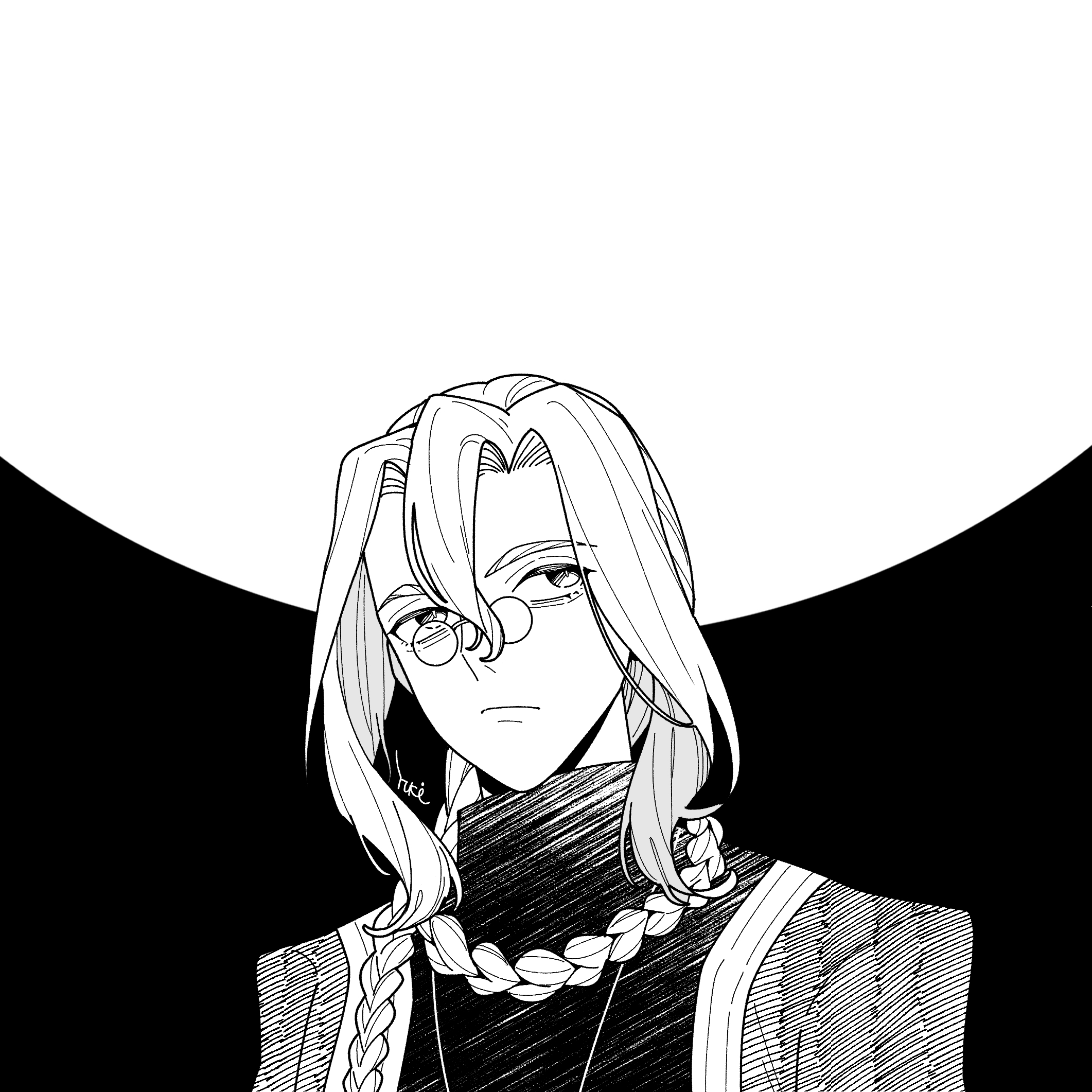 hashikko69, michael roa valdamjong, tarantella (fate), fate/grand order, fate (series), highres, 1boy, braid, braided ponytail, full body, glasses, hair between eyes, jewelry, long hair, looking to the side, monochrome, moon, necklace, priest, profile, serious, tunic, vampire