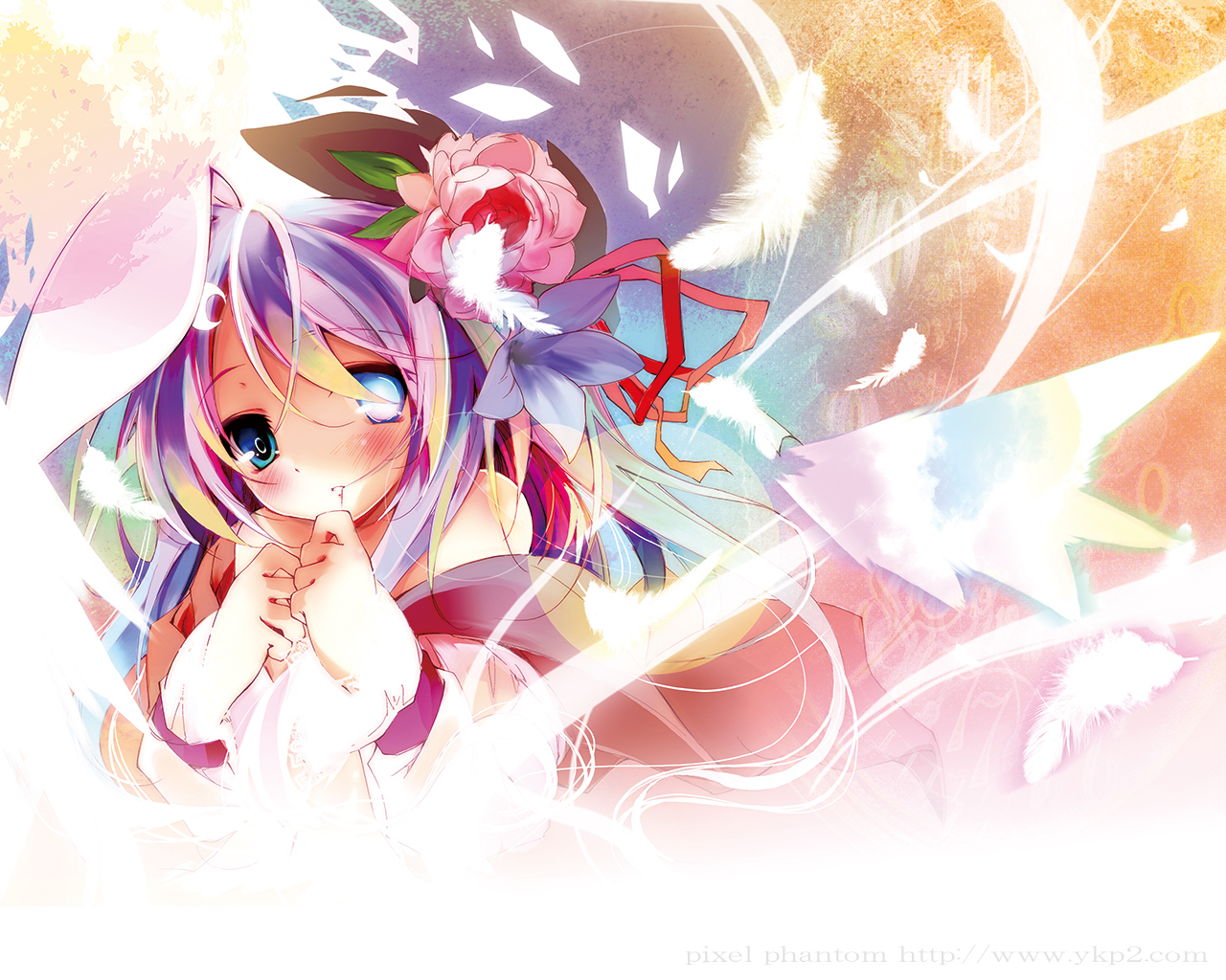 kamiya yuu, shiro (e.a.r.t.h), e.a.r.t.h, 1girl, animal ears, blue eyes, feathers, female focus, flower, long hair, purple hair, rabbit ears, solo