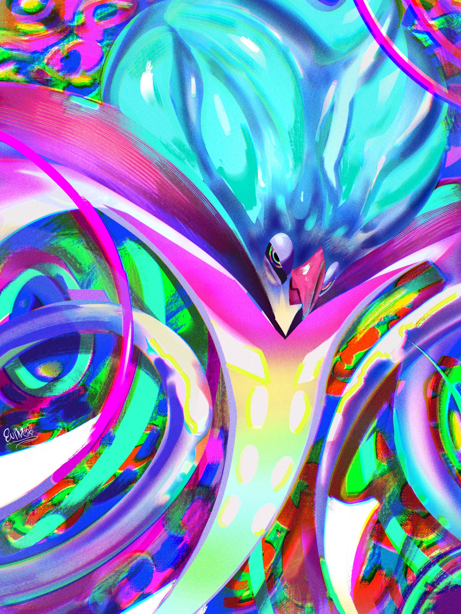 euphythefox, malamar, mega malamar, nintendo, pokemon, highres, 1other, closed mouth, gen 6 pokemon, glitch, looking at viewer, mega pokemon, no humans, pokemon (creature), pokemon focus, psychedelic, solo, tentacles, yellow eyes