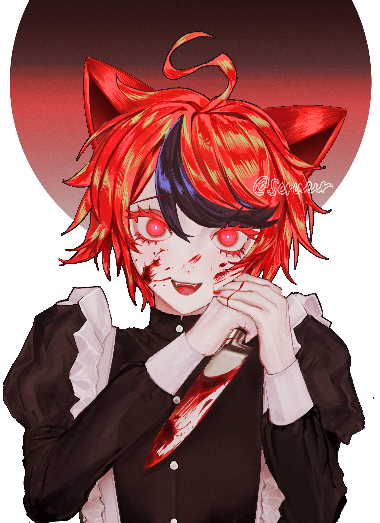 sumino takumi, the hundred line -last defense academy-, chinese commentary, commentary request, highres, spoilers, 1boy, 3251928054, ahoge, alternate costume, animal ears, black hair, black shirt, blood, blood on face, bloody weapon, bright pupils, buttons, cat ears, colored eyelashes, crossdressing, crossdressing (mtf), enmaided, eyelashes, eyes visible through hair, fangs, hair between eyes, head tilt, holding, holding knife, kemonomimi mode, knife, looking at viewer, maid, male focus, male maid, multicolored hair, official alternate eye color, open mouth, red eyes, red hair, shirt, short hair, smile, solo, streaked hair, trap, two-tone hair, upper body, weapon, white pupils