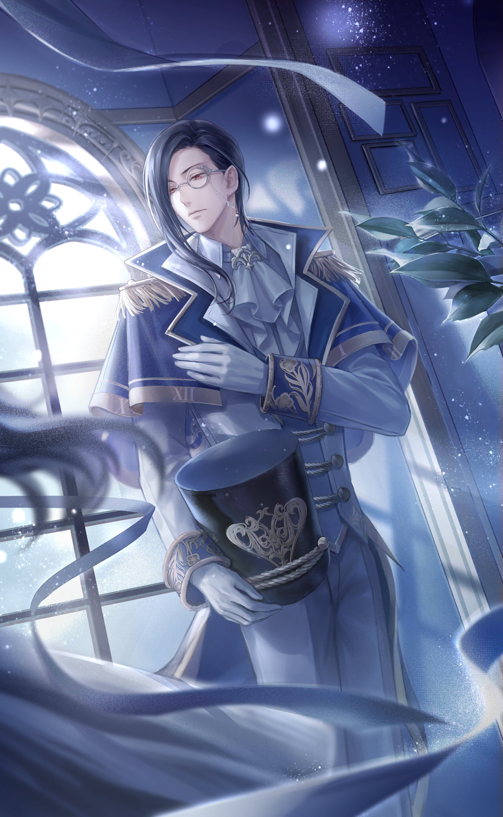 lilith (shining nikki), nikki (series), shining nikki, artist request, game cg, highres, official art, 1boy, 1girl, ascot, asymmetrical bangs, black hair, black hat, blue coat, blue ribbon, blue vest, character name, closed mouth, coat, collared shirt, copyright name, dress pants, earrings, expressionless, grey-framed eyewear, grey ascot, grey pants, hand on own chest, hat, holding, holding unworn clothes, holding unworn hat, indoors, jewelry, light frown, light particles, light rays, lips, logo, long hair, long sleeves, looking at another, male focus, monocle, moonlight, night, nightbane (shining nikki), open clothes, open coat, pants, plant, potted plant, red eyes, ribbon, round eyewear, shako cap, shirt, sleeve cuffs, solo focus, unworn hat, unworn headwear, very long hair, vest, white shirt, window