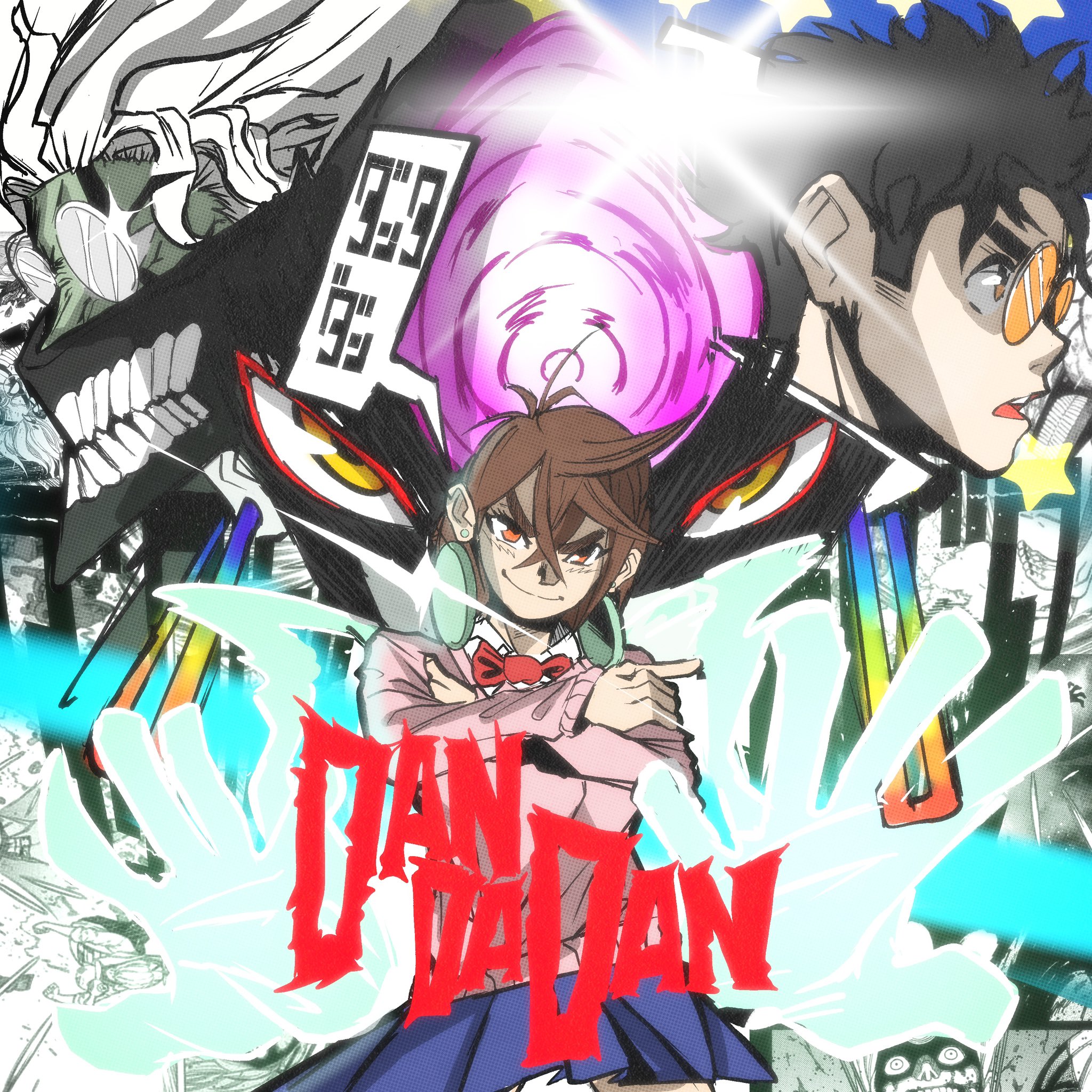 ayase momo, enjoji jin, evil eye (dandadan), takakura ken (dandadan), takakura ken (transformed) (dandadan), dandadan, commentary, english commentary, highres, 1girl, 2boys, akaman, black choker, black hair, blue skirt, bow, bowtie, brown eyes, brown hair, choker, closed mouth, copyright name, cowboy shot, crossed arms, crossed bangs, earrings, from side, glasses, glint, hair between eyes, jewelry, long sleeves, looking at viewer, mask, miniskirt, mouth mask, multiple boys, open mouth, pink sweater, pleated skirt, possessed, profile, red bow, red bowtie, round eyewear, short hair, skirt, smile, sweater, thick eyebrows, third eye, transformation, upper body, white hair