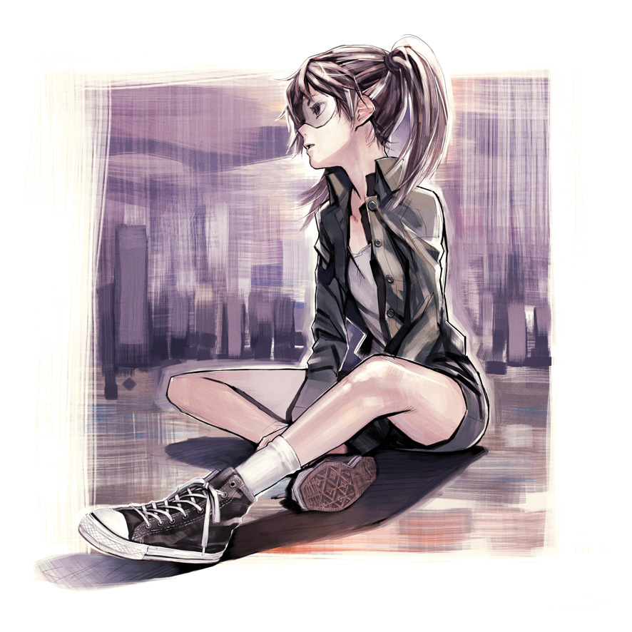 iwai ryou, amasawa yuuko, converse, dennou coil, 00s, 1girl, brown hair, buttons, female focus, glasses, on floor, parted lips, short hair, socks, solo, twintails, white socks