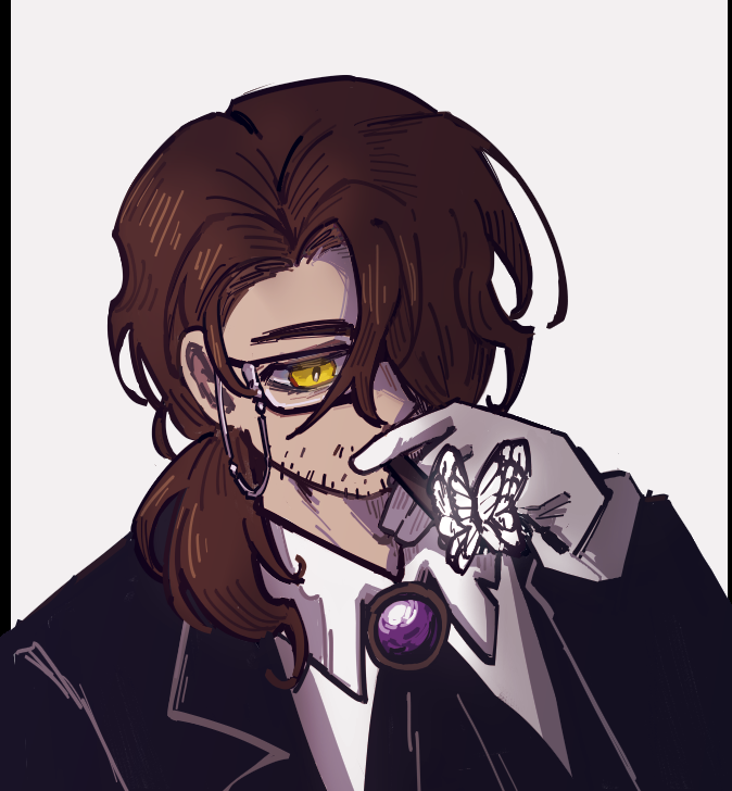 chayre5792, gregor (project moon), limbus company, project moon, 1boy, black coat, brown hair, bug, butterfly, coat, collared shirt, e.g.o (project moon), facial hair, glasses, gloves, insect, long hair, looking at viewer, low ponytail, male focus, ponytail, purple brooch, shirt, simple background, smoking, solemn lament (e.g.o), solo, upper body, white background, white butterfly, white gloves, white shirt, yellow eyes