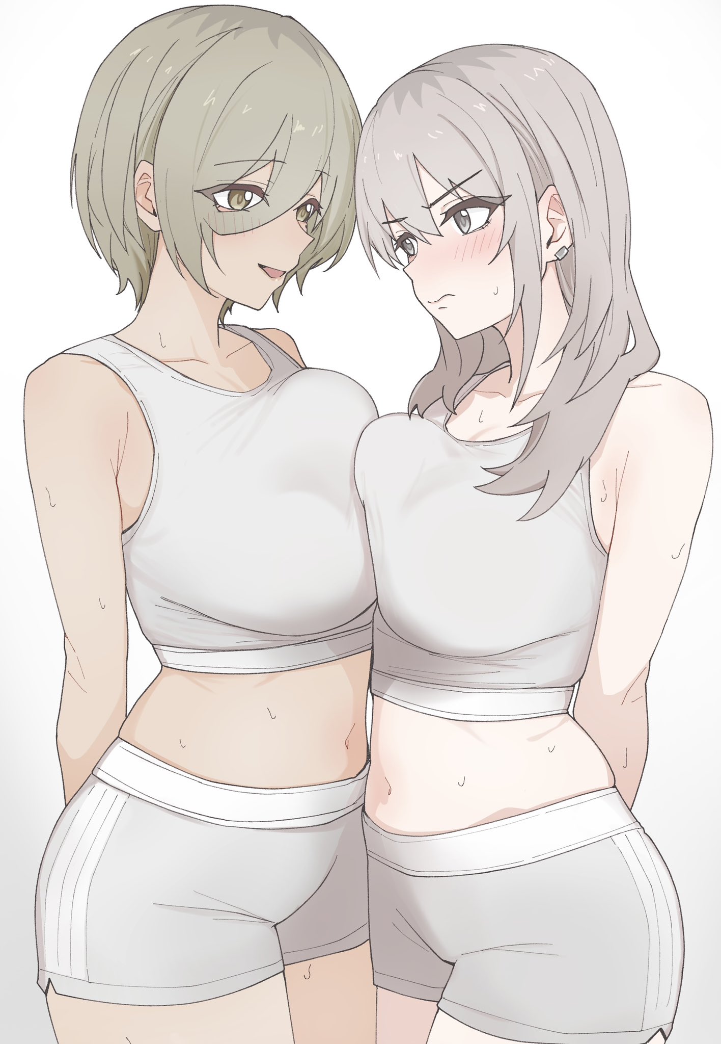 n nai nai n, kawaragi momoka, rupa (girls band cry), girls band cry, commentary, highres, 2girls, asymmetrical docking, blush, breast press, breasts, brown eyes, brown hair, closed mouth, crop top, earclip, grey eyes, grey hair, grey shorts, grey sports bra, hair between eyes, large breasts, long hair between eyes, multicolored hair, multiple girls, navel, open mouth, roots (hair), shorts, sports bra, sweat