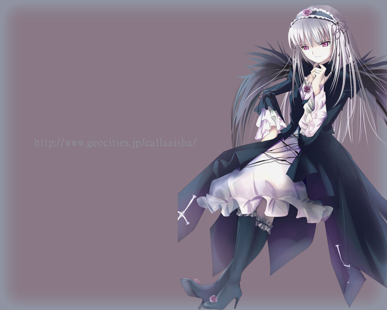 aisha callaaisha, suigintou, rozen maiden, silver hair, 00s, 1girl, black boots, boots, brown background, cape, cross-laced clothes, dress, female focus, frills, full body, hairband, knee boots, lolita hairband, long sleeves, looking at viewer, pink eyes, simple background, solo, standing, white dress