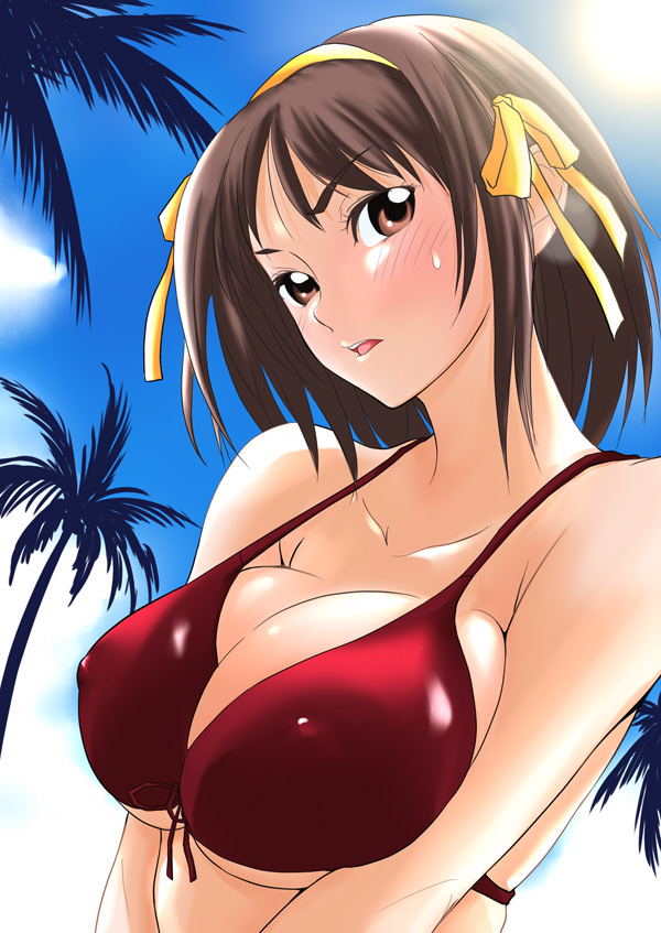 osuzu akiomi, suzumiya haruhi, suzumiya haruhi no yuuutsu, 00s, bikini, bikini top only, breasts, brown eyes, brown hair, covered erect nipples, day, large breasts, red bikini, short hair, solo, swimsuit