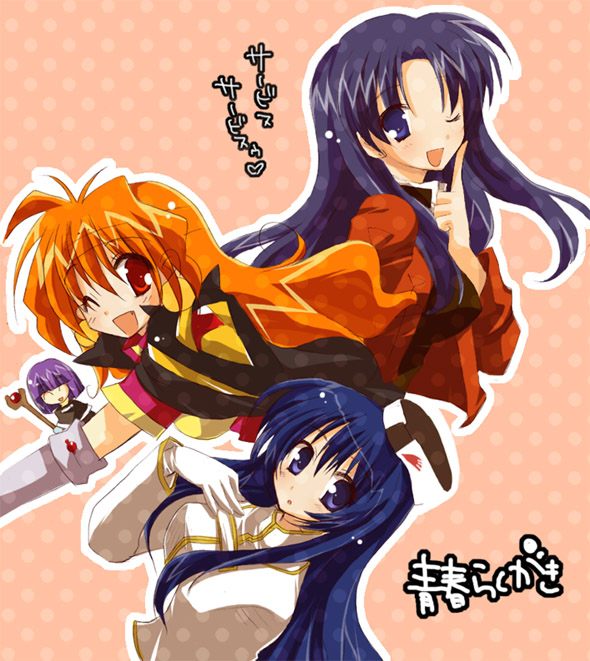 pokopi, katsuragi misato, lina inverse, misumaru yurika, xelloss, kidou senkan nadesico, neon genesis evangelion, slayers, 1boy, 3girls, crossover, finger to mouth, long hair, multiple crossover, multiple girls, one eye closed, wink