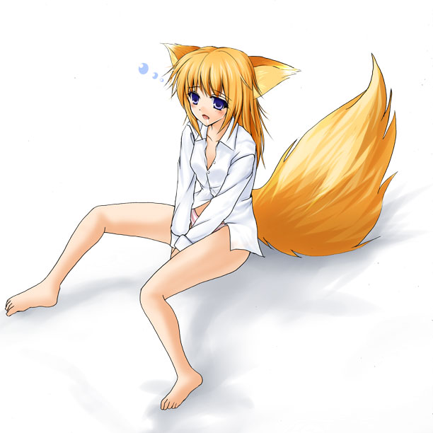 ryuushou, 1girl, animal ears, barefoot, blue eyes, dress shirt, feet, female focus, fox, fox ears, fox tail, orange hair, panties, shirt, sitting, sleepy, solo, striped clothes, striped panties, tail, underwear