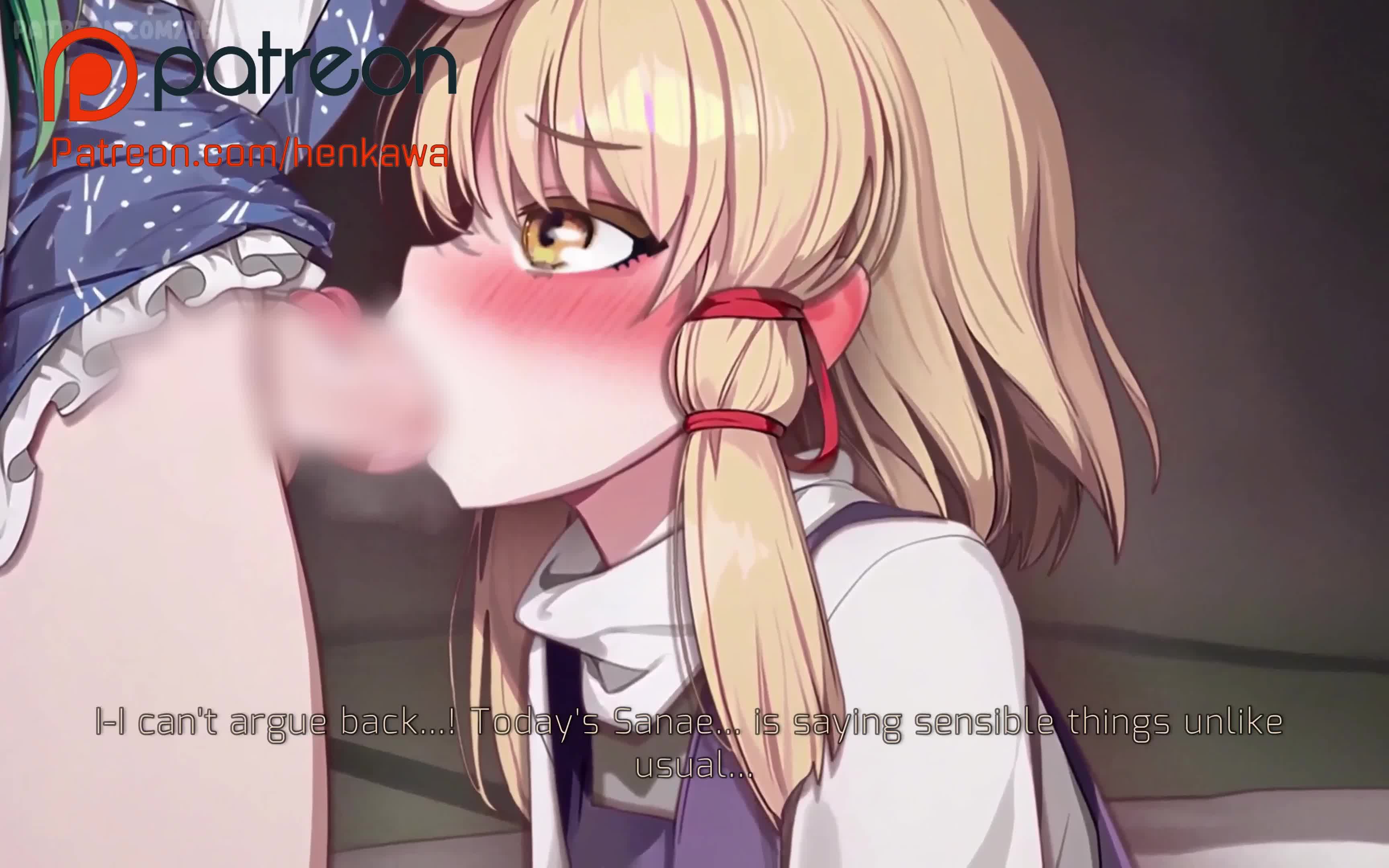 henkawa, kochiya sanae, moriya suwako, embodiment of scarlet devil, mountain of faith, touhou, absurdres, animated, audible speech, commentary, english commentary, highres, japanese audio, sound, tagme, video, 1futa, 1girl, :>=, blinking, blonde hair, blur censor, blush, bow, censored, cum, cum in mouth, cum overflow, deepthroat, dress, ejaculation, english text, erection, fellatio, female orgasm, futa with female, futanari, green hair, hair bow, hair ornament, hands on another's head, head grab, irrumatio, legs, long tongue, medium penis, moaning, open mouth, oral, orgasm, penis, puffy short sleeves, puffy sleeves, ribbon, saliva, shirt, short hair, short sleeves, sitting, skirt, skirt set, subtitled, swallowing, sweat, testicles, tongue, vest, watermark, web address, white shirt