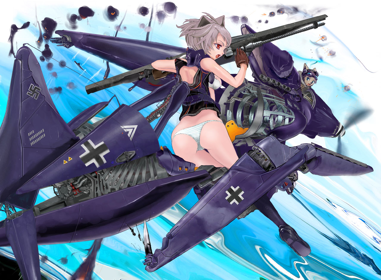 upeco, copyright request, 1girl, aircraft, airplane, ass, bf 109, female focus, mecha musume, military, panties, red eyes, short hair, solo, underwear, world war ii