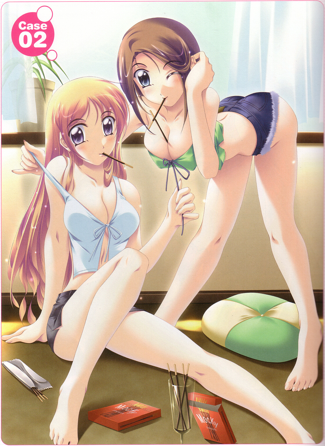highres, 2girls, barefoot, blonde hair, blue eyes, brown hair, camisole, cutoffs, denim, denim shorts, eating, feet, female focus, food, glass, long hair, looking at viewer, multiple girls, pillow, pocky, purple eyes, shorts, standing, toes