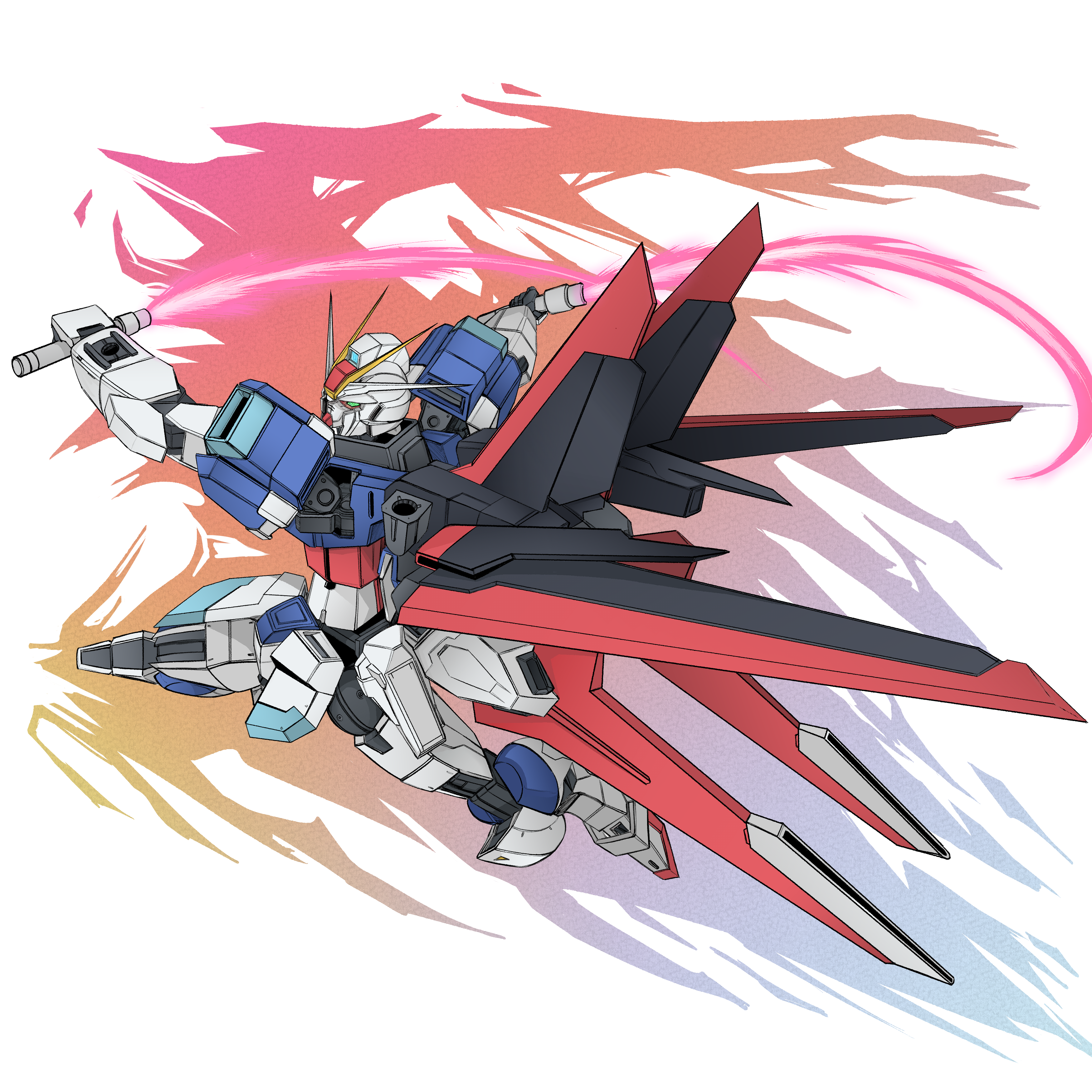 core fighter, impulse gundam, gundam, gundam seed, gundam seed destiny, absurdres, commentary, highres, artificial eye, core splendor, dual wielding, energy beam, energy blade, energy sword, force impulse gundam, holding, holding beam saber, holding sword, holding weapon, humanoid robot, mecha, mecha focus, mechanical arms, mechanical eye, mechanical hands, mechanical head, mechanical legs, mobile suit, no humans, robot, science fiction, simple background, solo, sword, user mhyx7458, weapon, white background