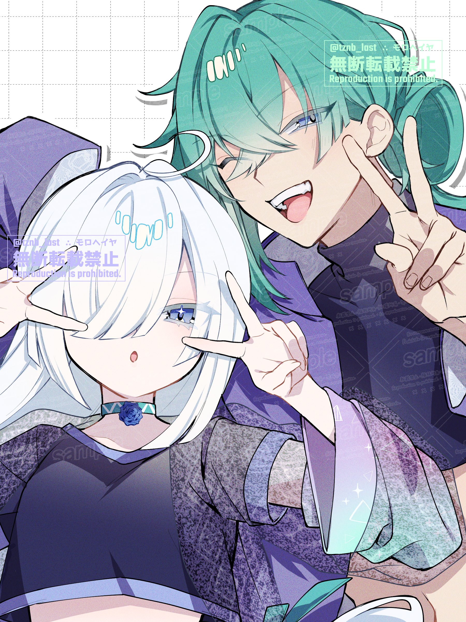 original, absurdres, commission, highres, skeb commission, 1boy, 1girl, ahoge, black shirt, blue choker, blue eyes, choker, double v, green hair, hair over one eye, jacket, long hair, looking at viewer, one eye closed, open mouth, purple jacket, shirt, smile, teeth, tznb last, v, watermark, white hair