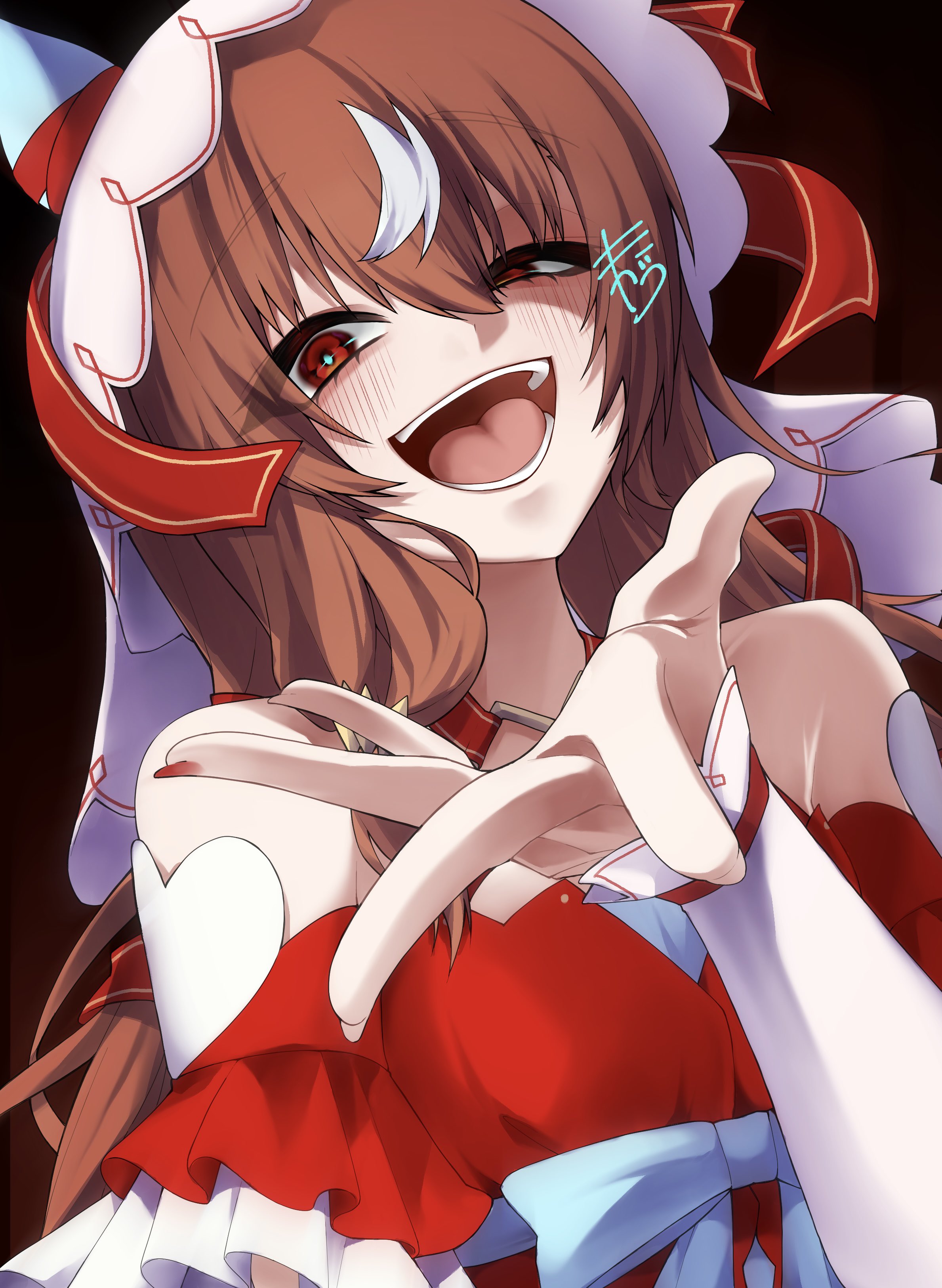 2hin03, still in love (umamusume), umamusume, absurdres, commission, highres, skeb commission, 1girl, animal ears, blush, breasts, brown hair, crazy eyes, detached sleeves, fingerless gloves, gloves, horse ears, looking at viewer, open mouth, portrait, reaching, reaching towards viewer, red eyes, signature, simple background, small breasts, solo, teeth, veil