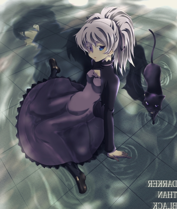hei (darker than black), mao (darker than black), yin (darker than black), darker than black, 00s, 1boy, 1girl, black cat, black pantyhose, cat, dress, pantyhose, purple dress