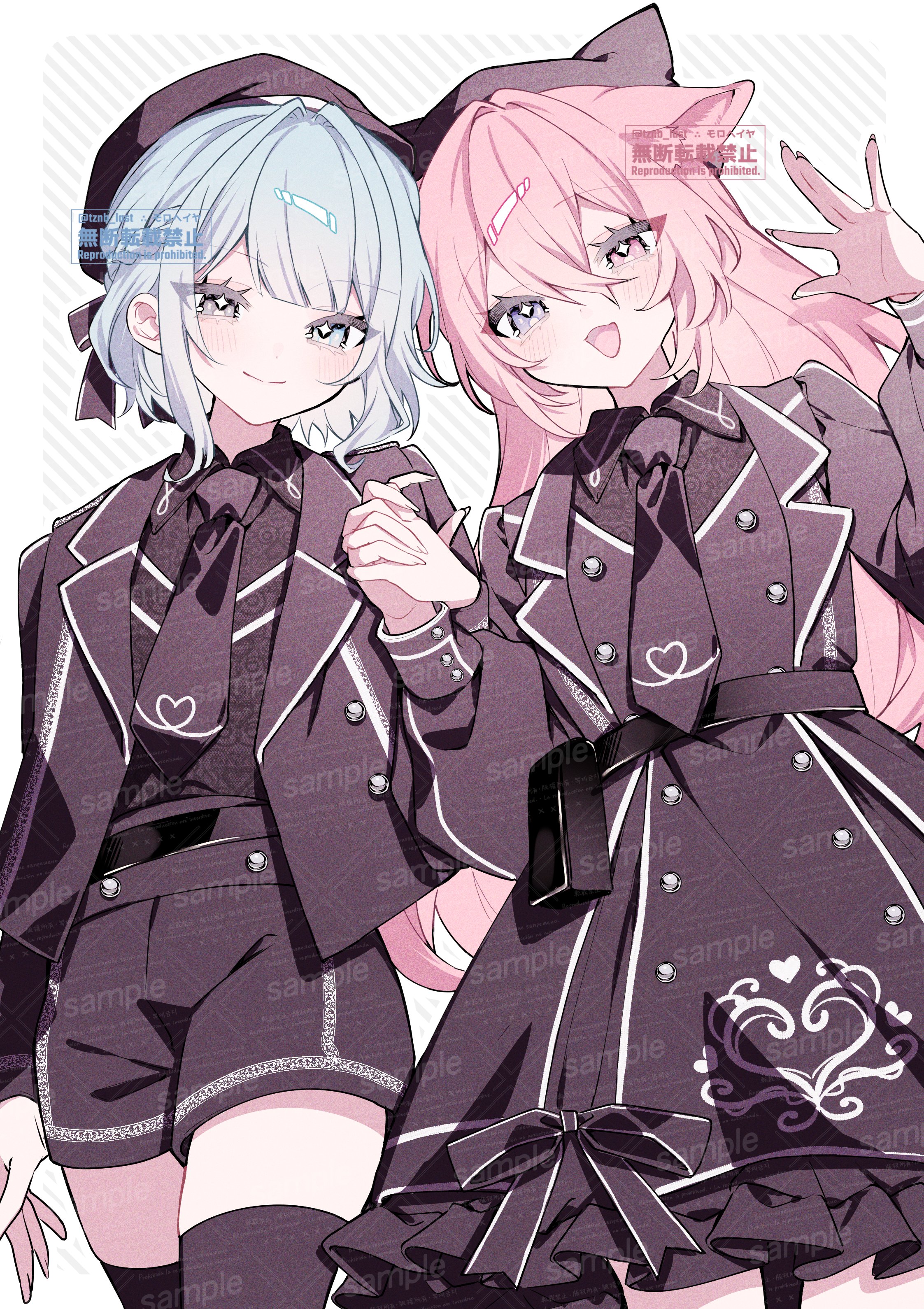 original, absurdres, commission, highres, skeb commission, 2girls, belt, black belt, black dress, black jacket, black necktie, black shirt, black shorts, blue eyes, blue hair, blush, braid, closed mouth, collared shirt, dress, hat, heterochromia, holding hands, jacket, long hair, long sleeves, looking at viewer, multiple girls, necktie, open mouth, pink eyes, pink hair, sample watermark, shirt, short hair, shorts, smile, tznb last, watermark