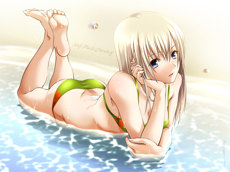 aizawa kotarou, duplicate, barefoot, beach, bikini, blonde hair, blue eyes, day, feet, green bikini, long hair, outdoors, solo, swimsuit, water