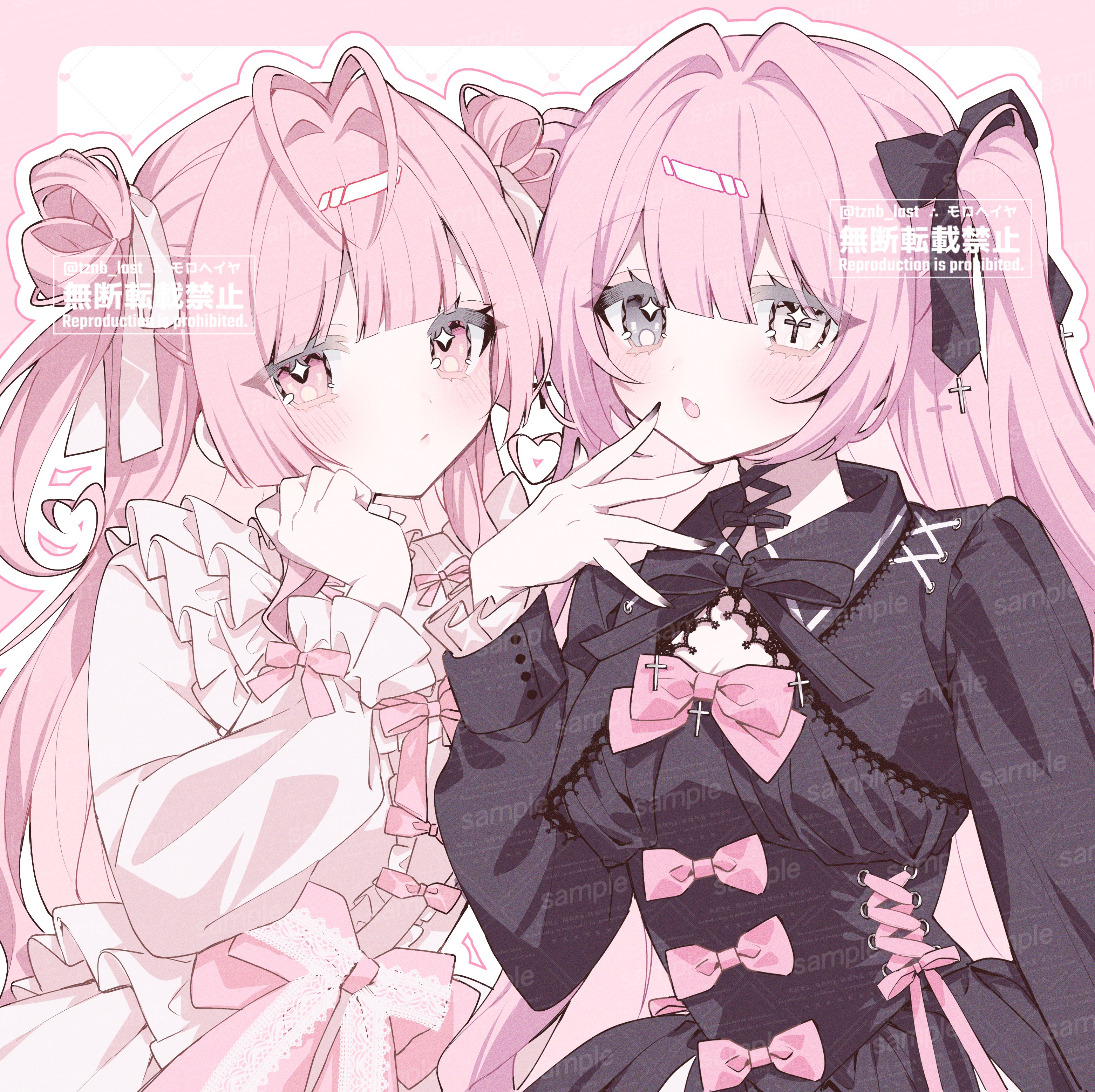 original, absurdres, commission, highres, skeb commission, 2girls, antenna hair, black bow, black dress, black nails, black ribbon, blush, bow, cross, dress, fang, frills, grey eyes, hair intakes, hair ribbon, heart, heterochromia, lolita fashion, long hair, long sleeves, looking at viewer, multiple girls, open mouth, pink bow, pink eyes, pink hair, pink ribbon, pink theme, ribbon, symbol-shaped pupils, two side up, tznb last, white dress, white ribbon