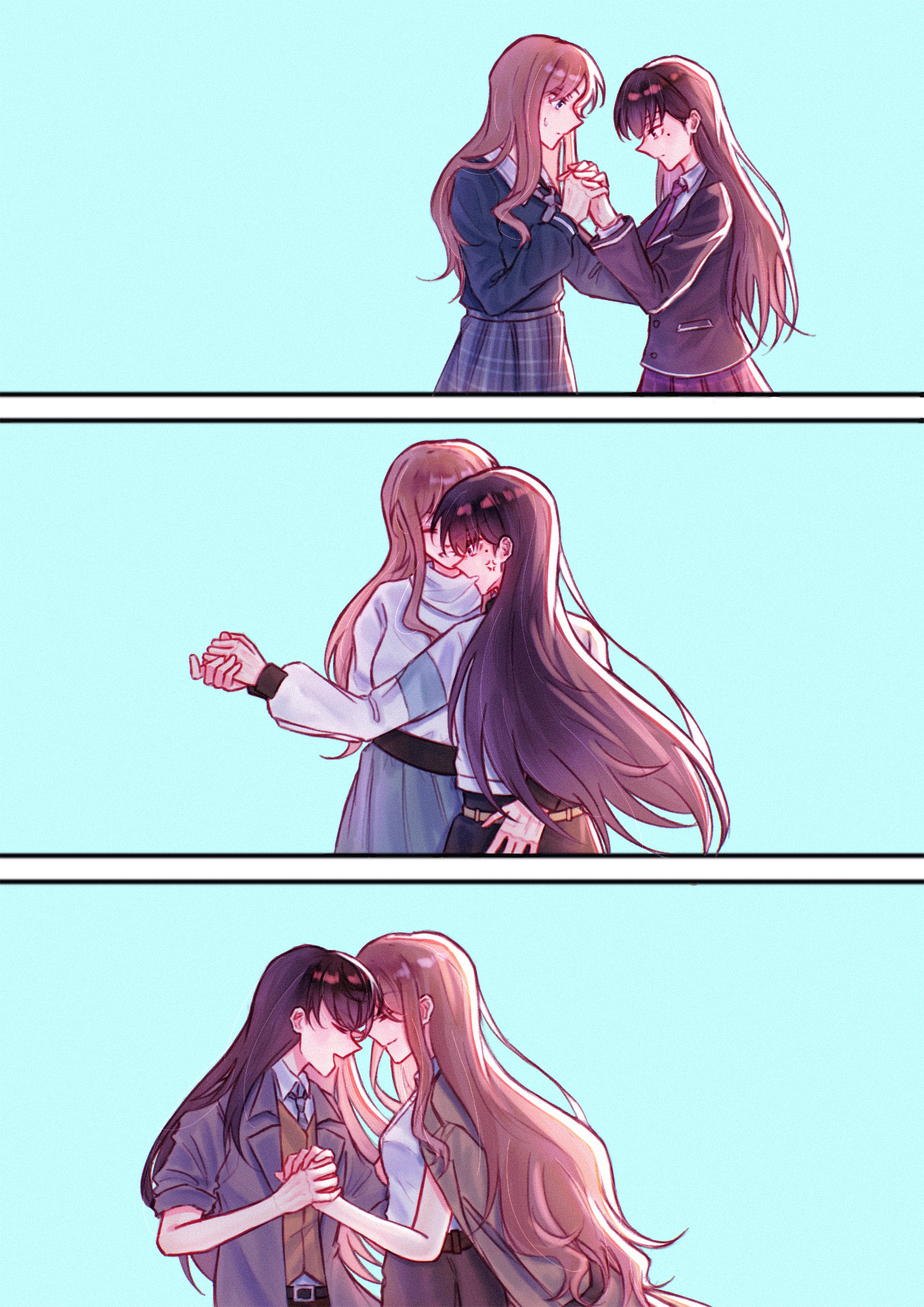 yanhuizuimo, nagasaki soyo, shiina taki, bang dream!, bang dream! it's mygo!!!!!, absurdres, chinese commentary, commentary request, highres, 2girls, age progression, anger vein, black hair, black jacket, blue eyes, blue shirt, blue skirt, brown jacket, brown vest, closed eyes, closed mouth, couple, dancing, grey jacket, haneoka school uniform, holding hands, interlocked fingers, jacket, jacket on shoulders, long hair, long sleeves, multiple girls, open mouth, plaid clothes, plaid skirt, pleated skirt, purple eyes, purple skirt, school uniform, shirt, skirt, sweatdrop, sweater, tsukinomori school uniform, vest, white sweater, yuri