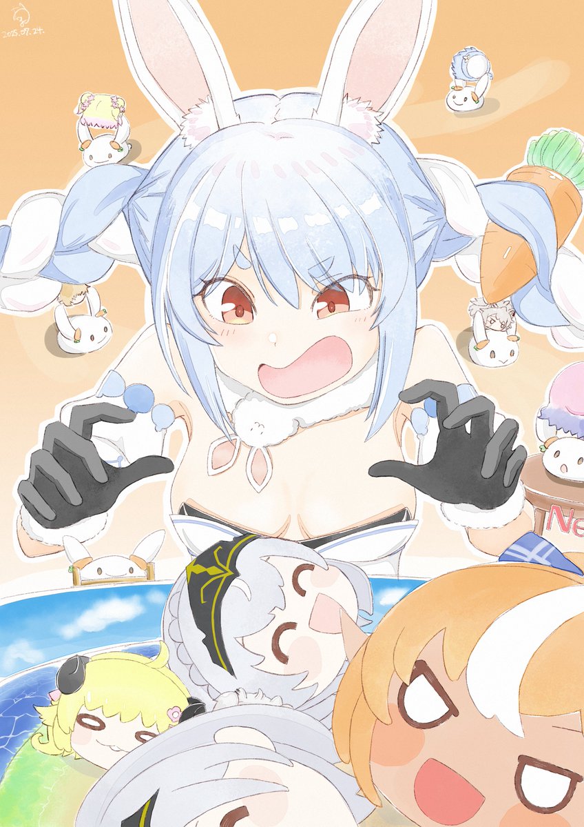 don-chan (usada pekora), momosuzu nene, shiranui flare, shirogane noel, shishiro botan, tsunomaki watame, usada pekora, usada pekora (1st costume), yukihana lamy, hololive, hololive fantasy, character request, check character, 1girl, :d, ^ ^, animal ears, bare shoulders, black gloves, blue hair, braid, breasts, carrot hair ornament, cleavage, closed eyes, coat, dated, detached sleeves, disembodied head, food-themed hair ornament, fur-trimmed gloves, fur trim, gloves, hair ornament, hololive treasure mountain, light blush, long hair, madoka odamaki2, multicolored hair, o o, open mouth, orange background, rabbit ears, rabbit girl, rabbit scarf, red eyes, scarf, short eyebrows, sidelocks, signature, small breasts, smile, solo focus, strapless, twin braids, two-tone hair, virtual youtuber, white hair