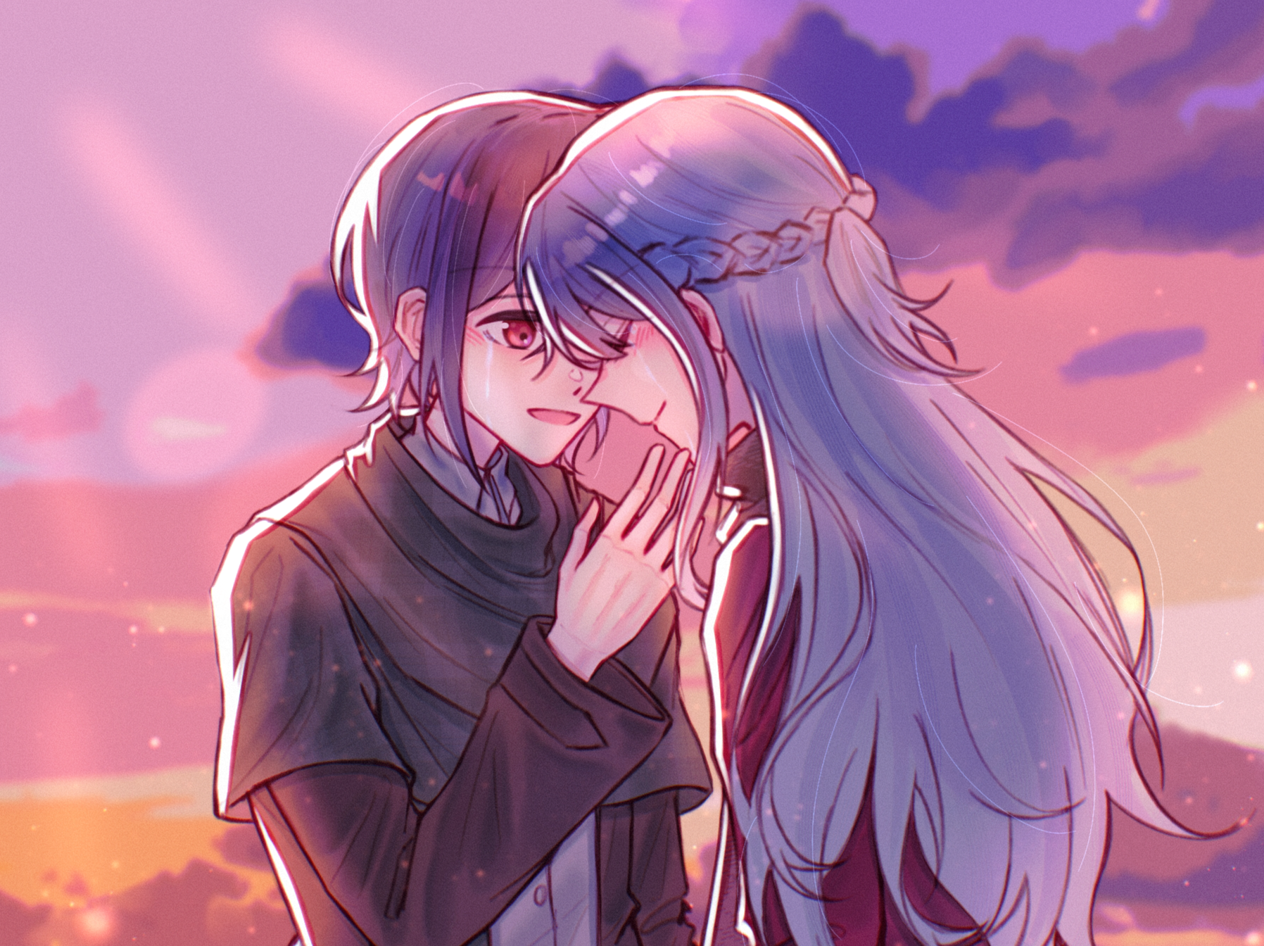 yanhuizuimo, takamatsu tomori, togawa sakiko, bang dream!, bang dream! it's mygo!!!!!, chinese commentary, commentary request, highres, 2girls, blue hair, braid, closed eyes, closed mouth, couple, crying, crying with eyes open, grey hair, half up braid, long hair, long sleeves, multiple girls, open mouth, red eyes, red shirt, shirt, short hair, sunset, tears, upper body, yuri