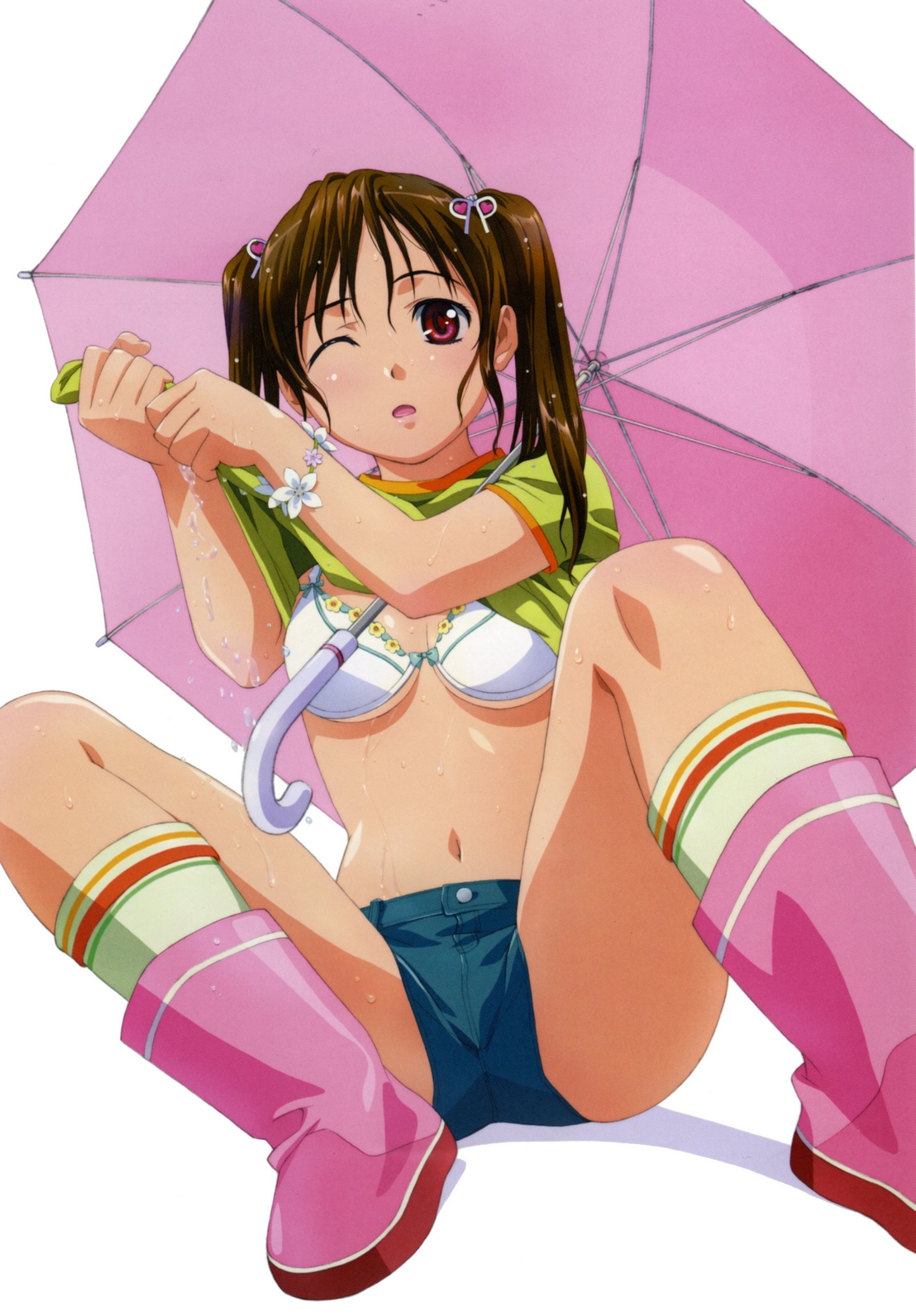 rin-sin, highres, 1girl, boots, bra, breasts, brown hair, clothes lift, female focus, lingerie, midriff, one eye closed, pink boots, red eyes, rubber boots, shirt lift, short shorts, shorts, sitting, socks, solo, spread legs, twintails, umbrella, underboob, underwear, wet, wet clothes, wink