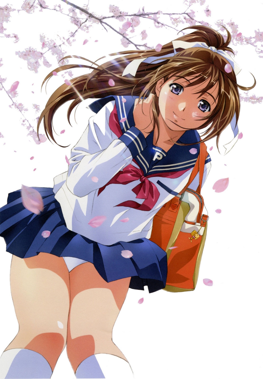 rin-sin, original, highres, 1girl, bag, bent over, blue eyes, blush, brown hair, charm (object), cherry blossoms, female focus, from below, kneehighs, lips, long hair, panties, pantyshot, petals, ponytail, school bag, school uniform, serafuku, skirt, smile, socks, solo, underwear, white panties, wind