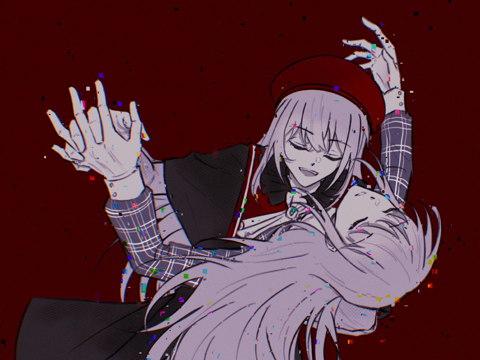 yanhuizuimo, mortis (bang dream!), mortis (costume) (bang dream!), mortis (persona) (bang dream!), wakaba mutsumi, bang dream!, bang dream! it's mygo!!!!!, chinese commentary, commentary request, highres, 2girls, black capelet, capelet, dual persona, glitch, grey hair, hat, holding hands, interlocked fingers, long hair, long sleeves, multiple girls, open mouth, red background, red hat